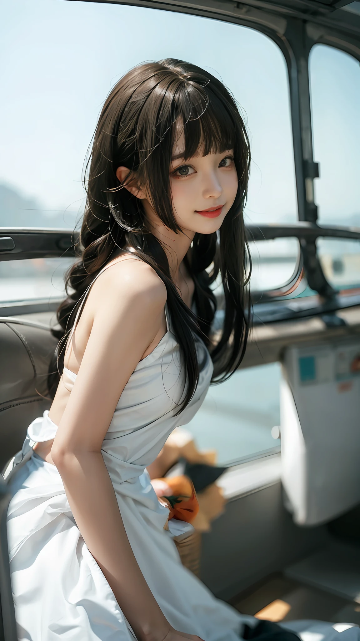 CHUNMOMO, 1girl, solo, realistic, smile, looking at viewer, blurry, black eyes, black hair, bangs, long hair, day, blunt bangs,