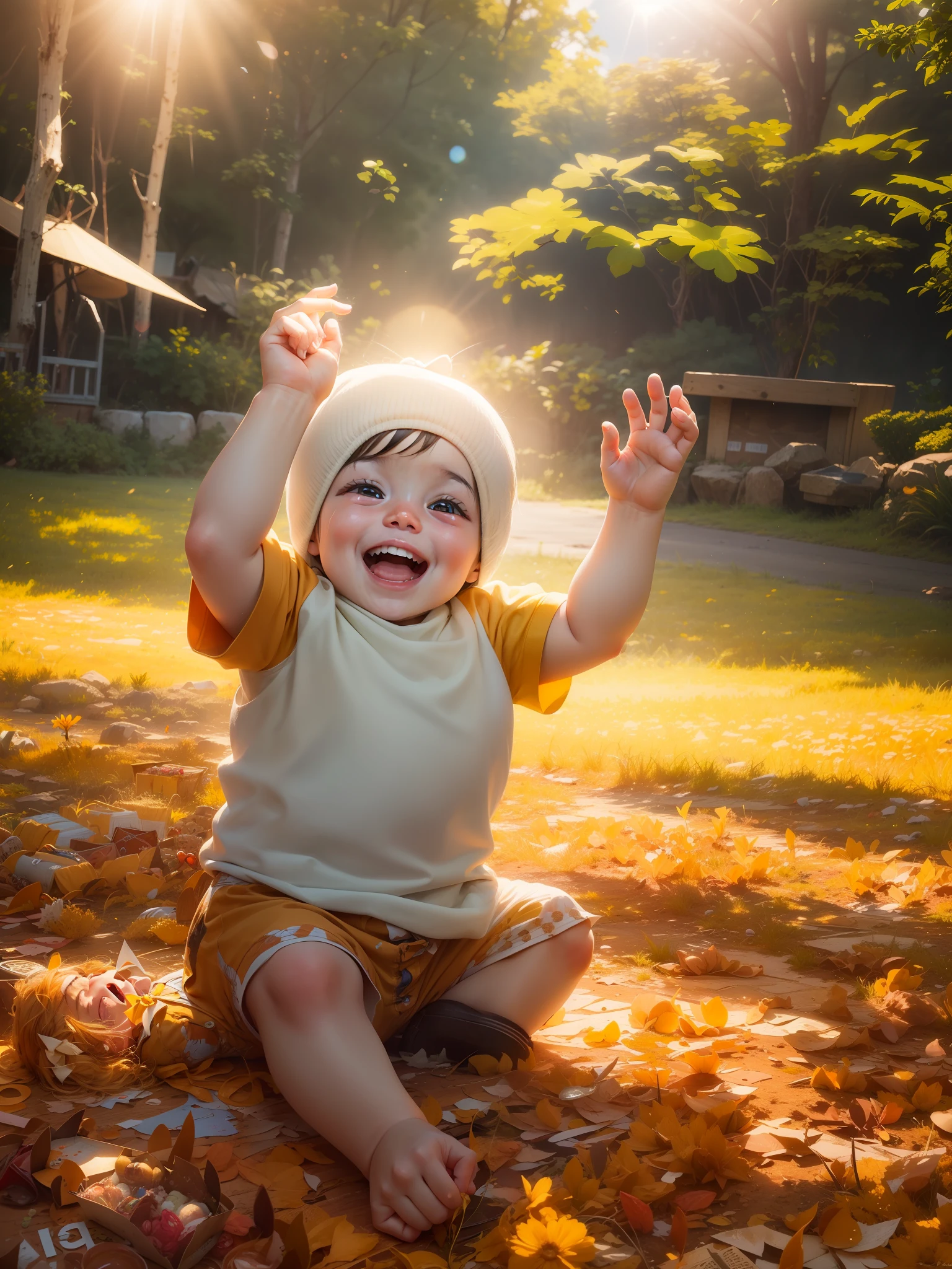turn this baby happy laughing face, celebrating his birthday surrounded by a large overflowing gift box, lots of colorful balloons, with a background of expanse of hills, ri sun, lensflare, bokeh,ultra realistic, realistic, hyperrealistic , wearing a cute suit with a bow tie