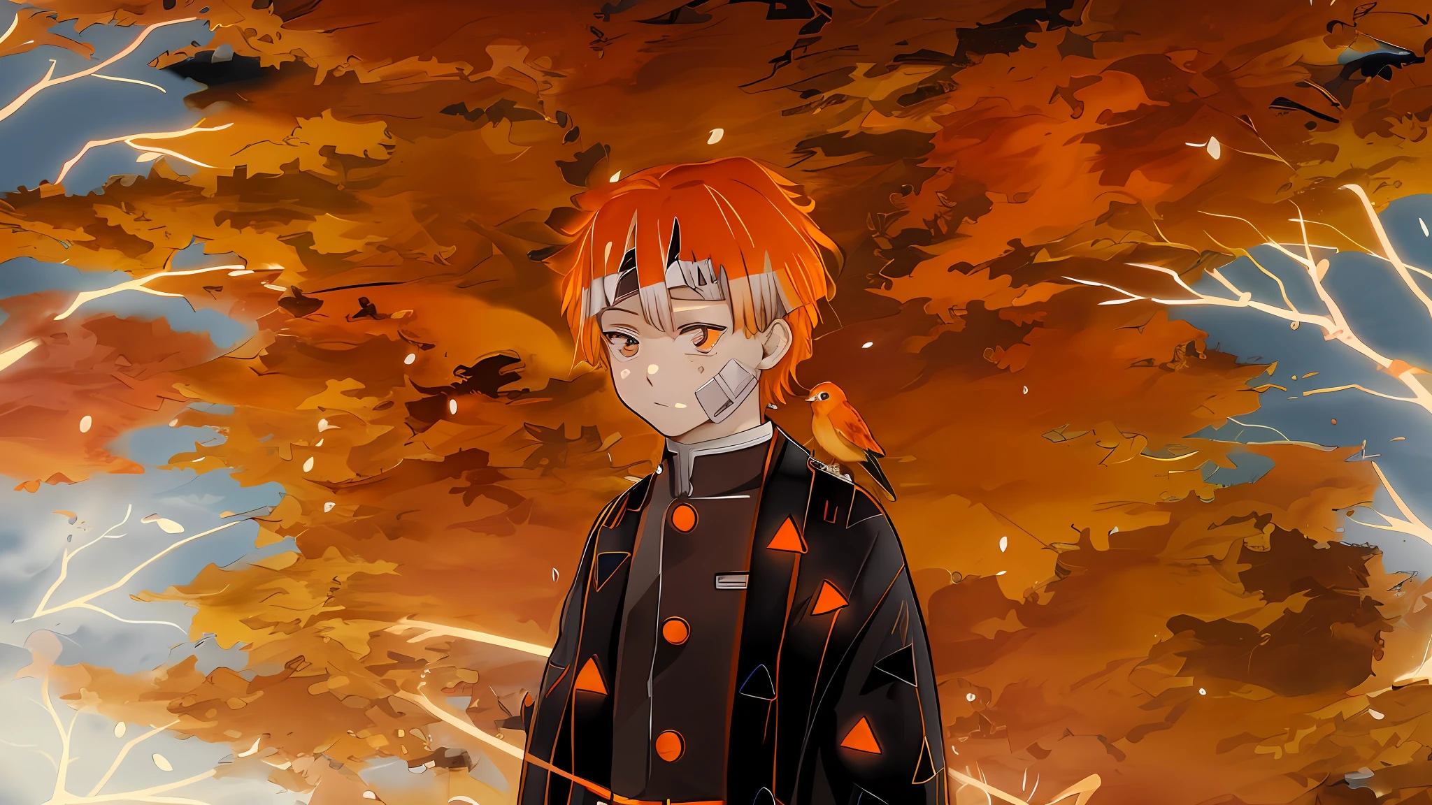 anime character with orange hair and a bird perched on his shoulder, orange - haired anime boy, demon slayer rui fanart, anime style mixed with fujifilm, in anime style, demon slayer artstyle, anime style illustration, in an anime style, 4 k manga wallpaper, anime style portrait, anime style character, inspired by Itō Ogura Yonesuke