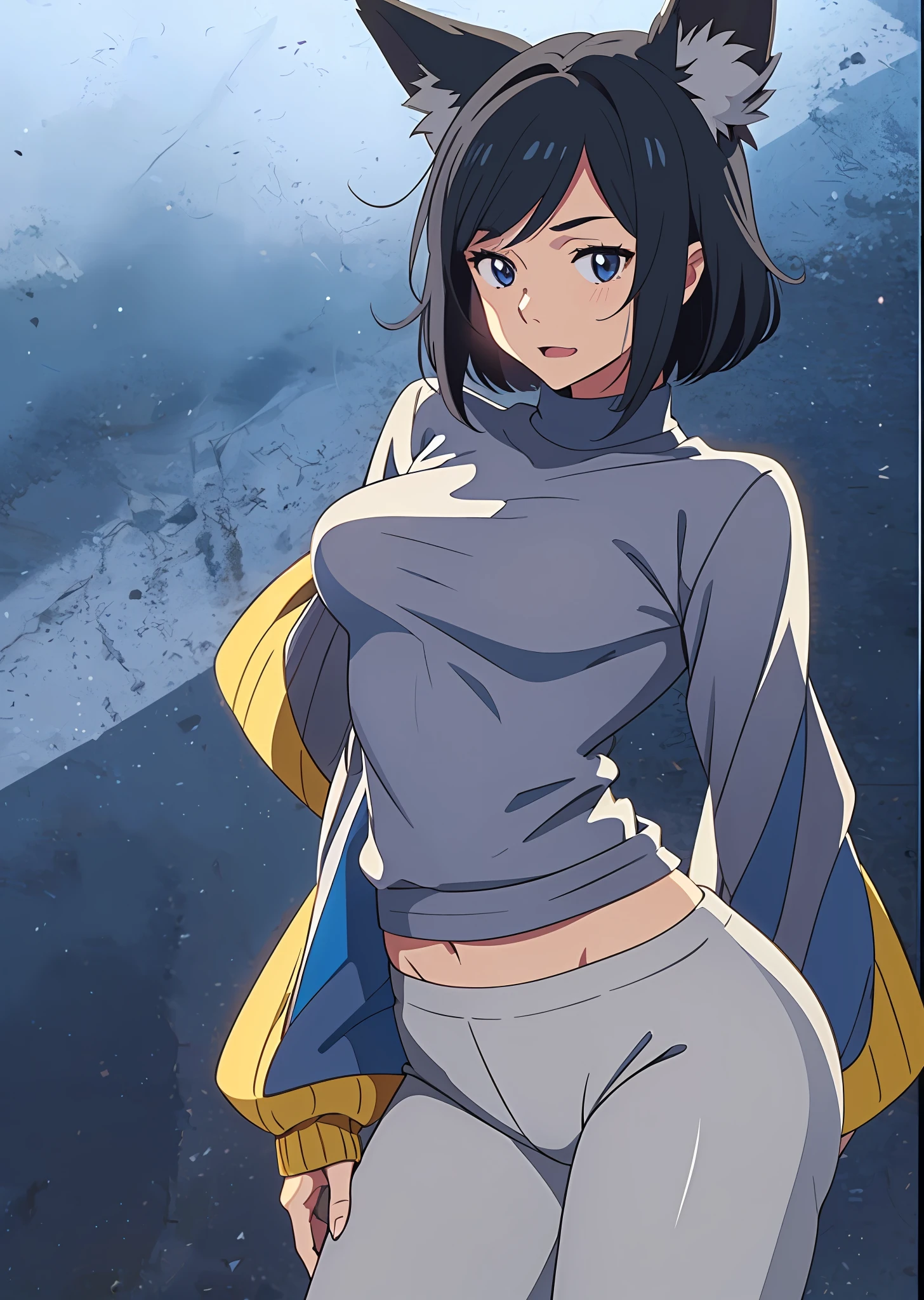 Anime, girl, woman, short black hair, grey fox ears, blue eyes, in the mouth the fang on the left side stands out, a grey fox tail, thin body without much chest, cold sweater, blue sleeves and the rest grey, yellow shirt, legging trousers --auto --s2
