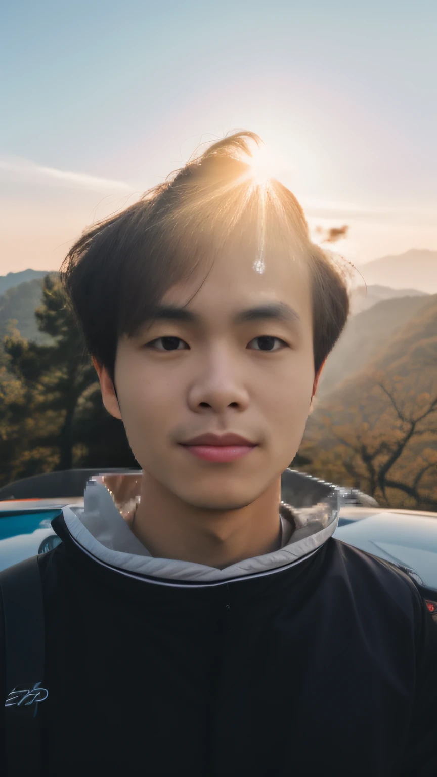Young Korean male, Asian face, Kim Do-young's photographic aesthetics, Close-up upward portrait, Shin Jin-young's soft portrait shot 8K, Strong backlighting, Sweet smile, hyung tae, The sun shines behind you.