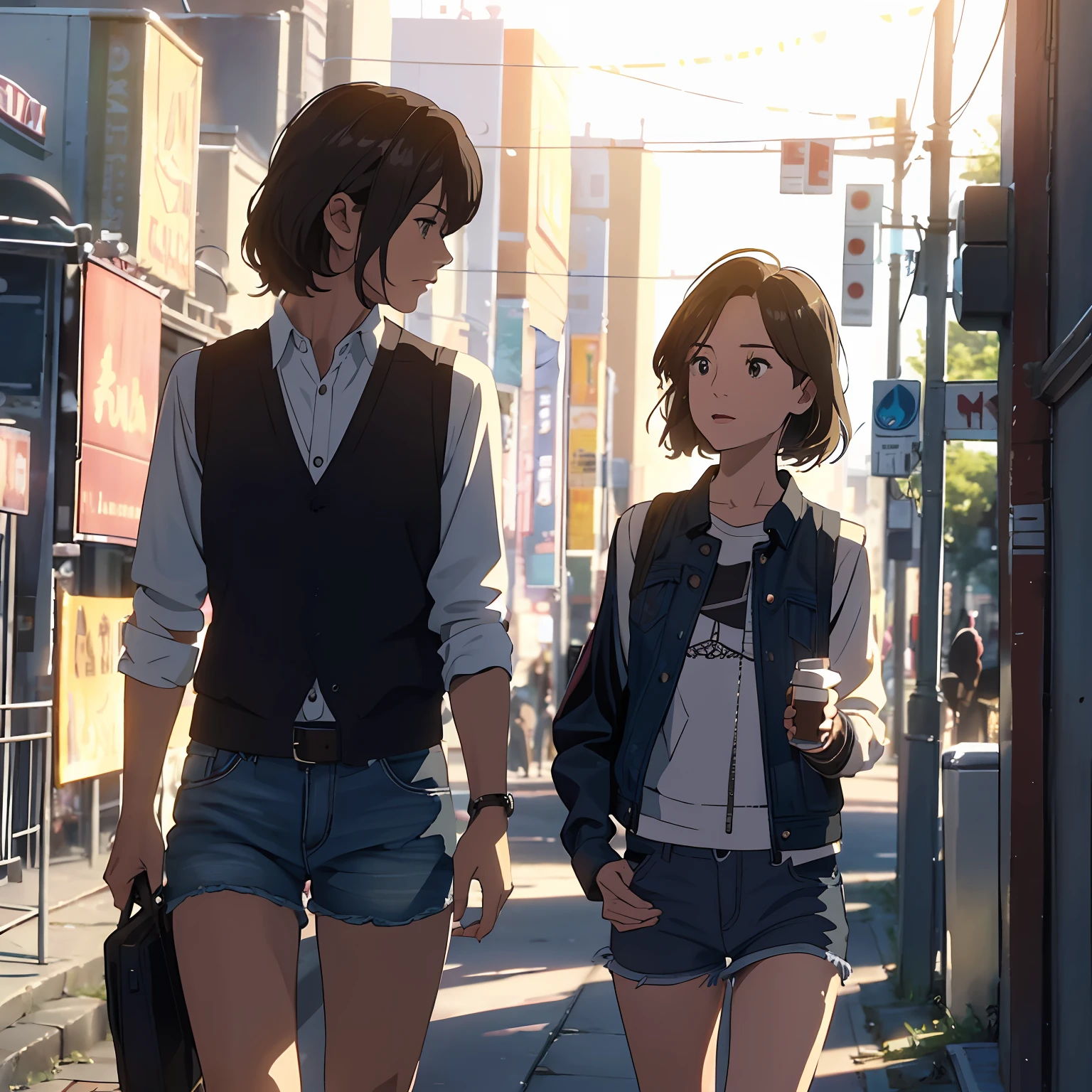 ((medium chest, tomboy, small head)), daylight, sunlight, (well-defined abs: 1.1), (perfect body: 1.1), (short wavy hair: 1.2), russet hair, collar, chain, full body photo, crowded streets, wearing black vest, denim jacket, ((shorts)), (extremely detailed CG 8k wallpaper), (extremely delicate and beautiful), (masterpiece), (Best Quality: 1.0), (Ultra Resolution: 1.0), Beautiful Lighting, Perfect Lightning, Realistic Shadows, [High Resolution], Detailed Skins, Ultra Detailed --auto