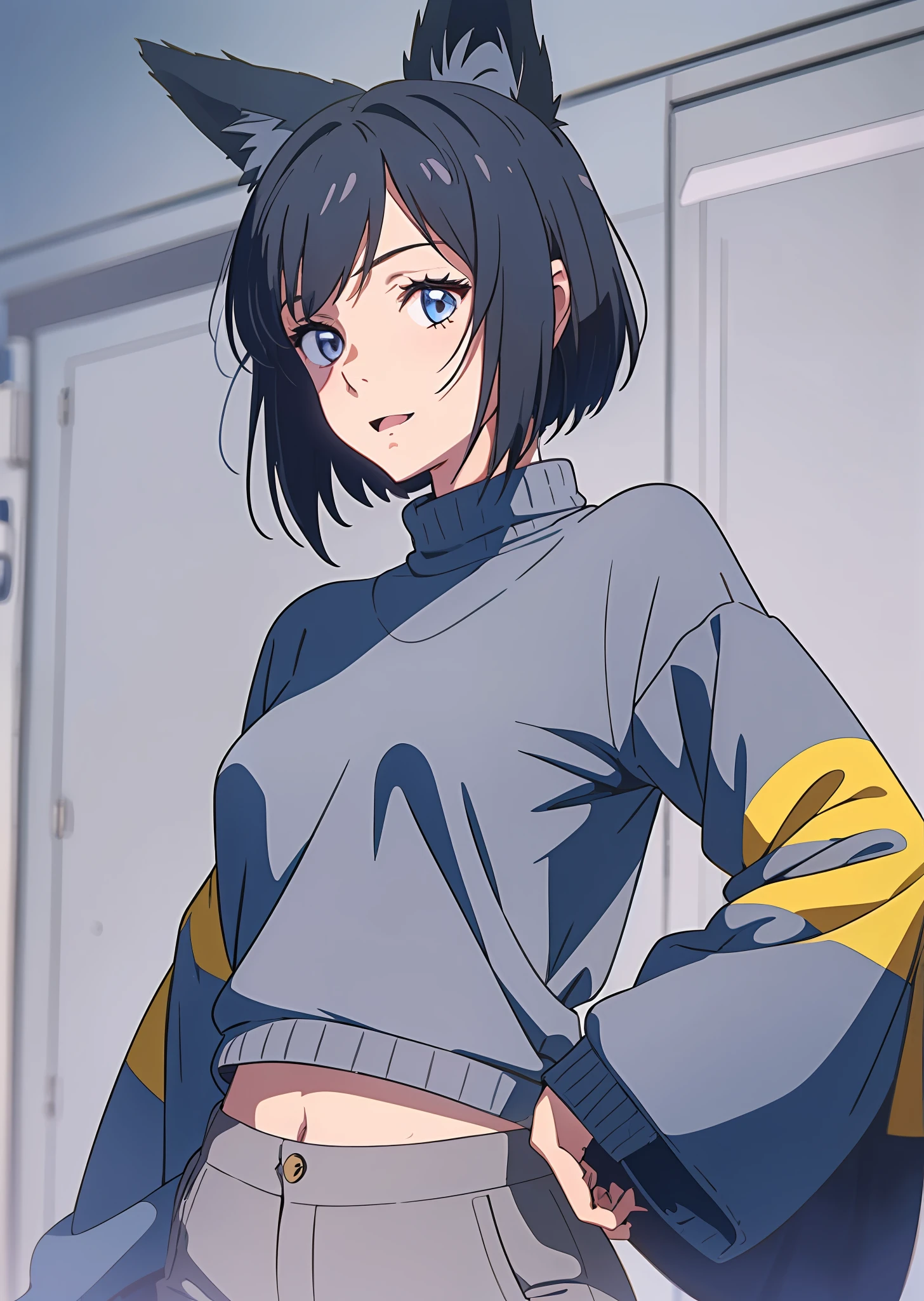 Anime, girl, woman, short black hair, grey fox ears, blue eyes, in the mouth the fang on the left side stands out, a grey fox tail, thin body without much chest, cold sweater, blue sleeves and the rest grey, yellow shirt, legging trousers --auto --s2