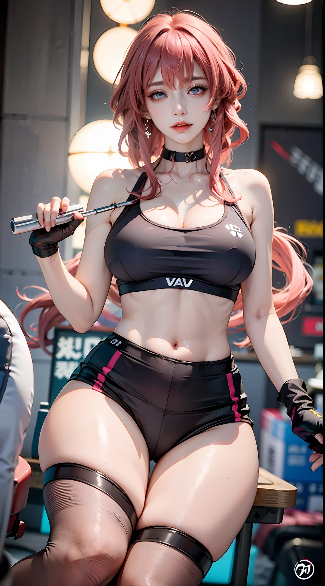Beautiful woman，1个Giant Breast Girl，Pink haired woman，Fighting posture，black pantyhoses，black glove，sports bra，jewely，shorter pants，J thighs。Pink hair，drill bit，Asymmetrical hair，爆乳，Firm chest，deep v big breasts，medium boob