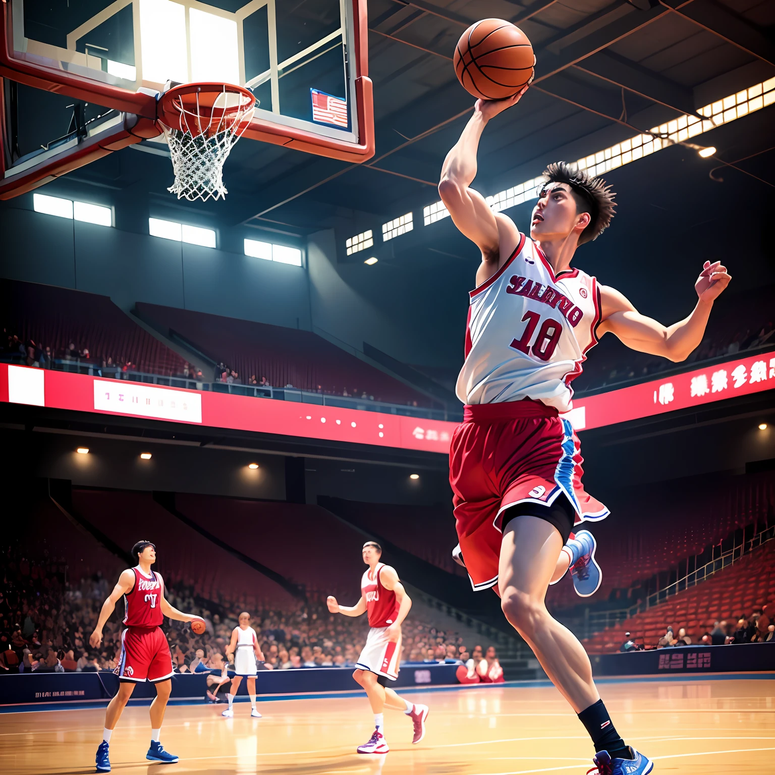 Sakuragi Hanamichi, Fine art level, High- sharpness, Oversized size, Xiangbei basketball uniform on the basketball court, Shoot with a basketball, Laid out baskets, Soft lighting inside the stadium, Blurry views in the distance. --auto