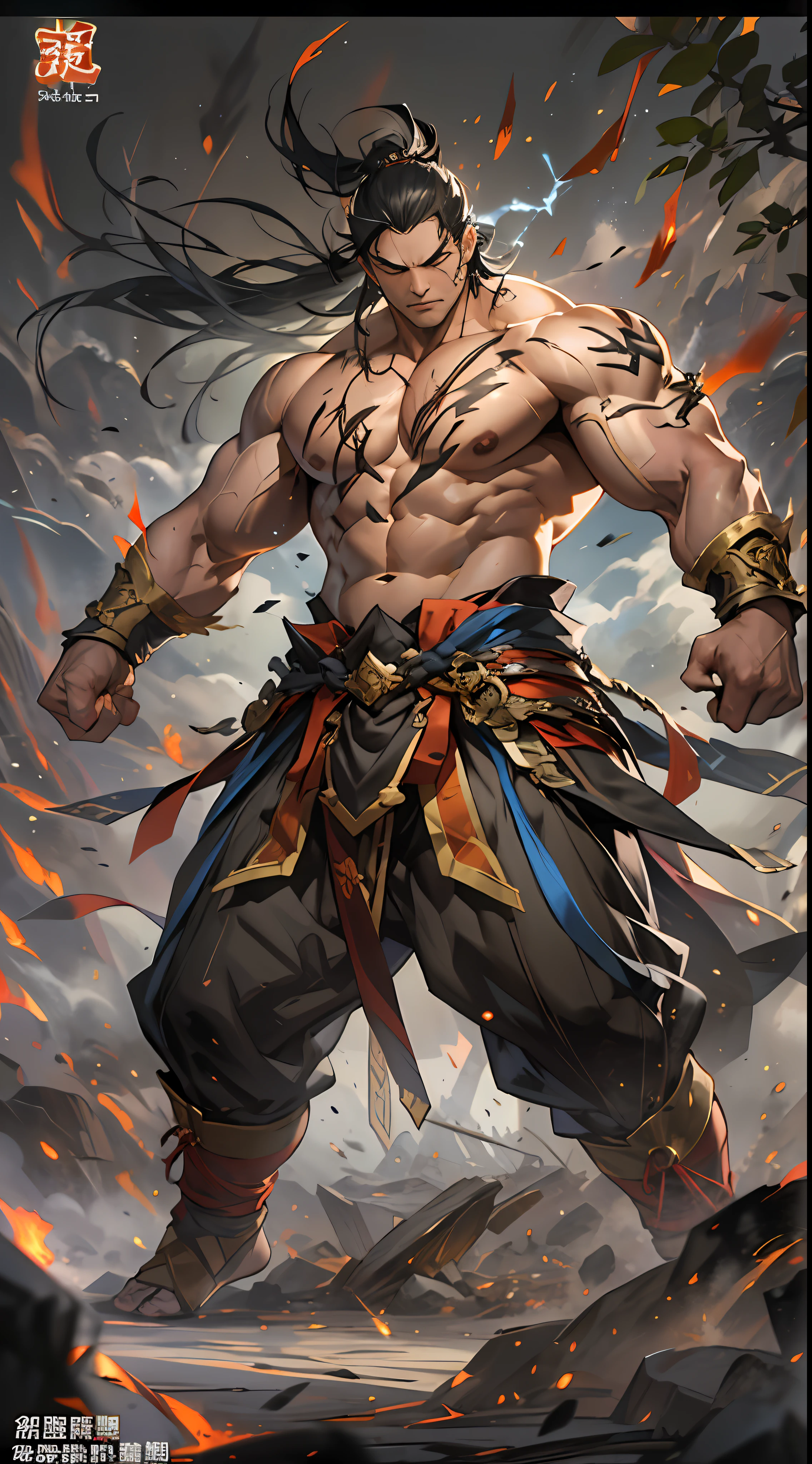 Li Gu's battle shocks everyone, displaying extraordinary combat power, his body radiating a powerful aura, bulging muscles, determined gaze, as if transformed into a war god. However, due to excessive exhaustion, he cannot sustain it for long, his stamina gradually weakening, , 32k, best quality, masterpiece, super detail, high details,