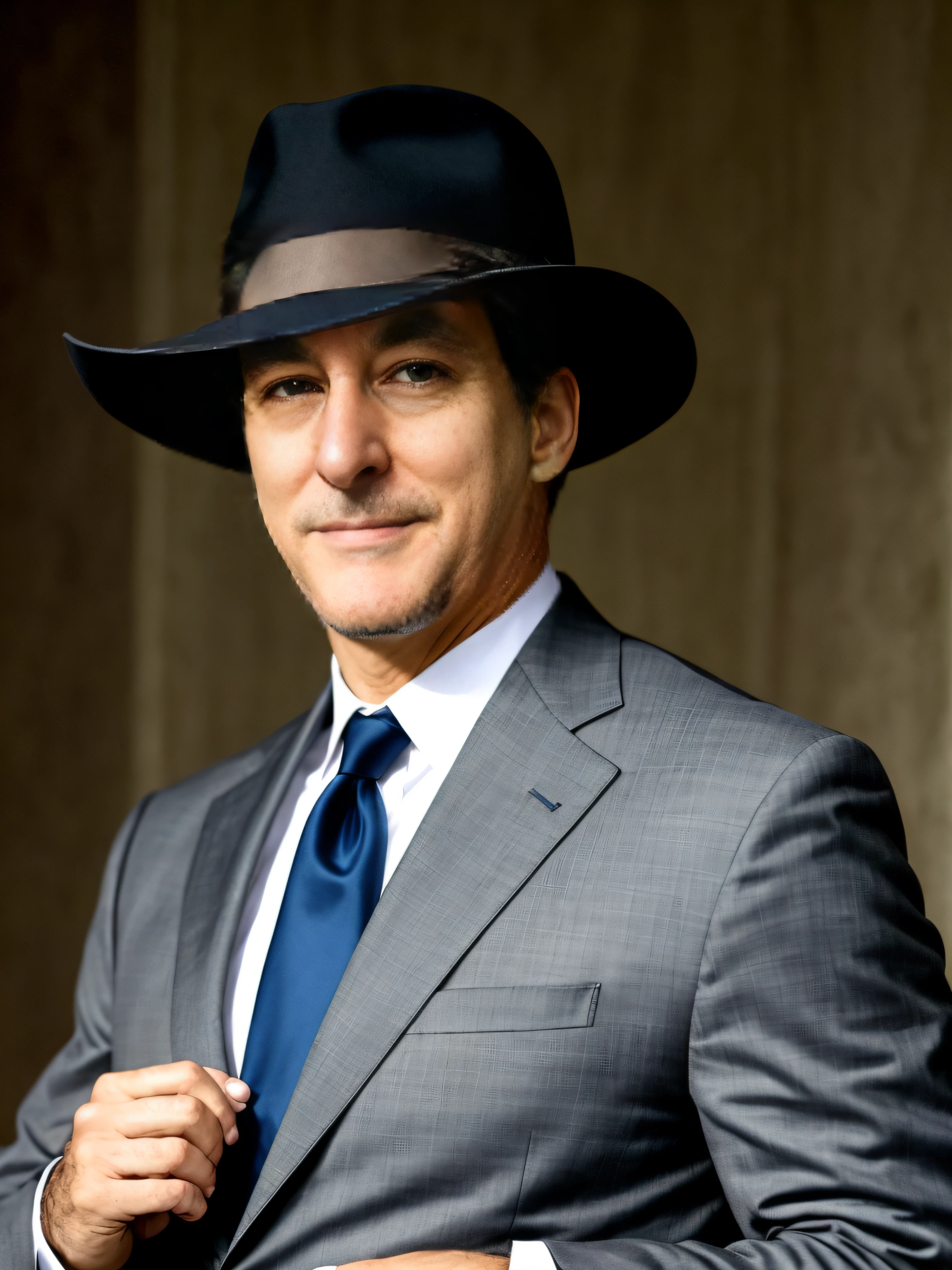 There's a man in a dark metallic gray suit., elegante, jovial, 50 anos aproximadamente