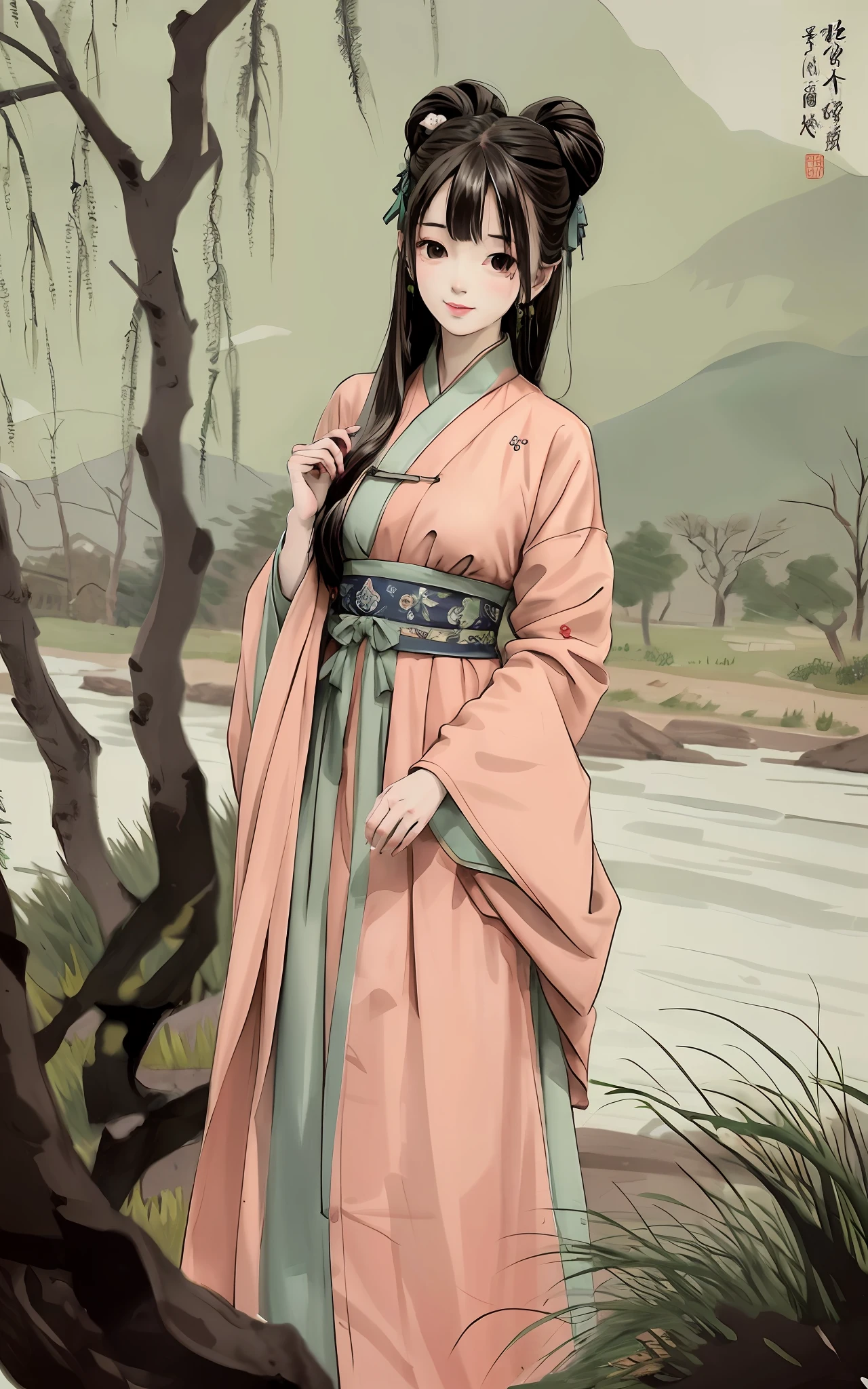 shukezouma, Negative space, , shuimobysim , Portrait of a woman standing , Willow branches, (Masterpiece, Best quality:1.2), Traditional Chinese Ink Painting, ModelShoot style, Peaceful, (Smile), view the viewer, wearing long hanfu, Hanfu, Song, Willow tree in background, wuchangshuo,