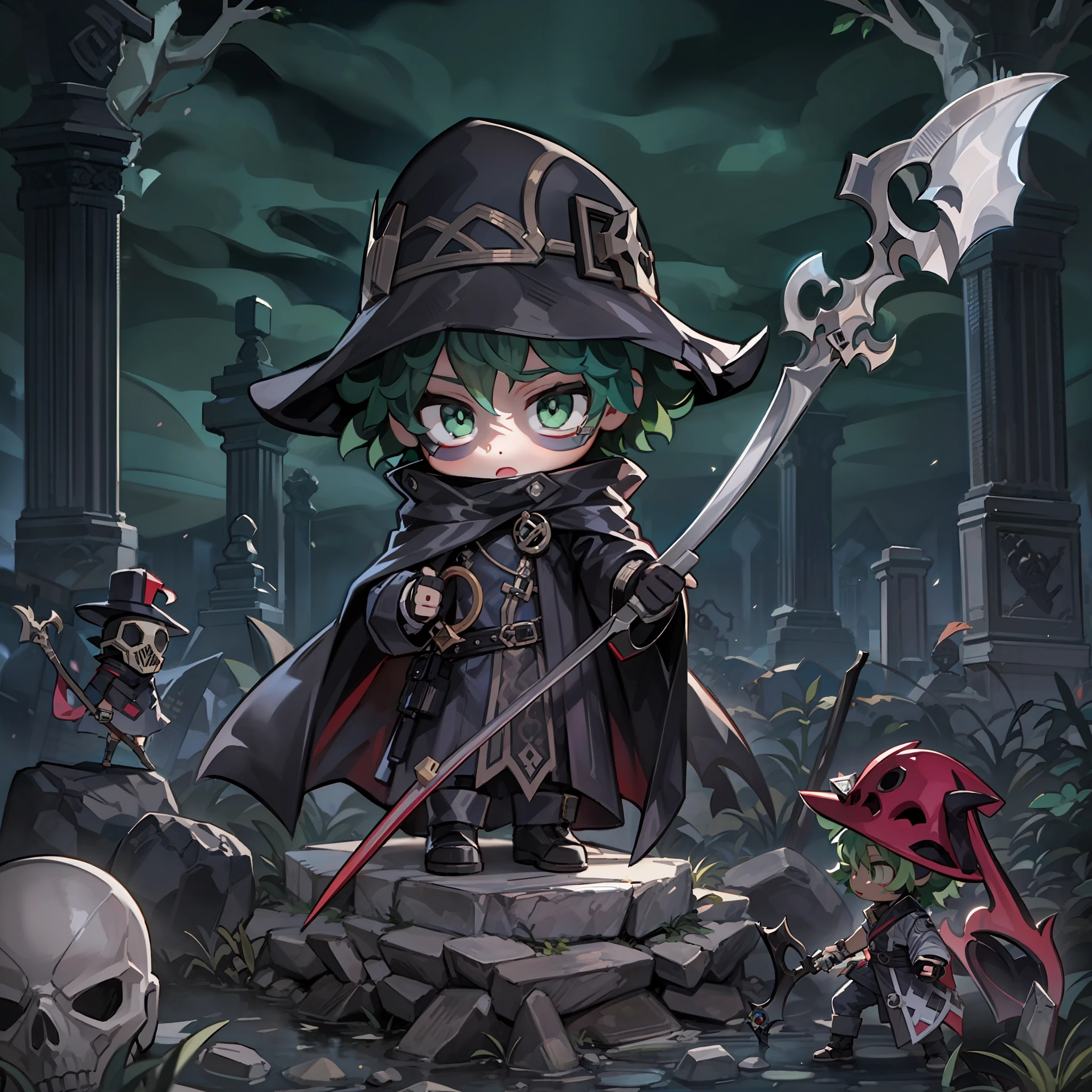 masterpiece, best quality, chibi,  Izuku Midoriya as the grim reaper wearing plague doctor's clothes wielding a scythe on a cementary under the crimson moonlight