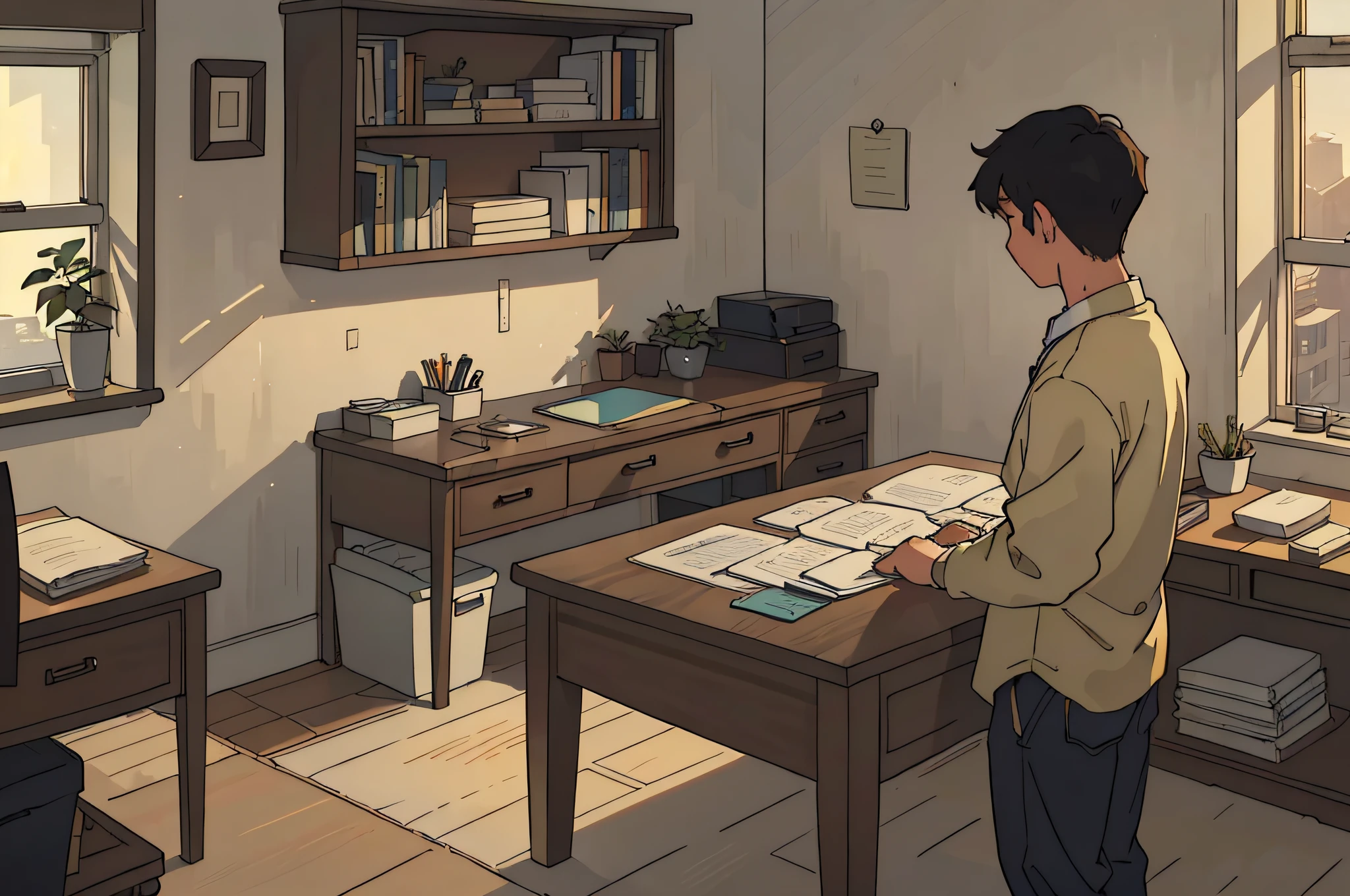 A young man's meticulously maintained bedroom bathed in the soft glow of dawn, meticulously arranged desk with a schedule brimming with appointments, and a life that ticks away in strictly regulated blocks of activity and rest. Impressionistic style, brimming with a sense of quiet exhaustion and longing for connection.