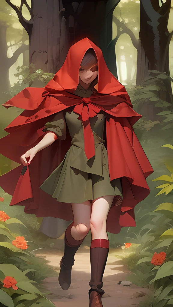 red riding hood walking in to a forest
