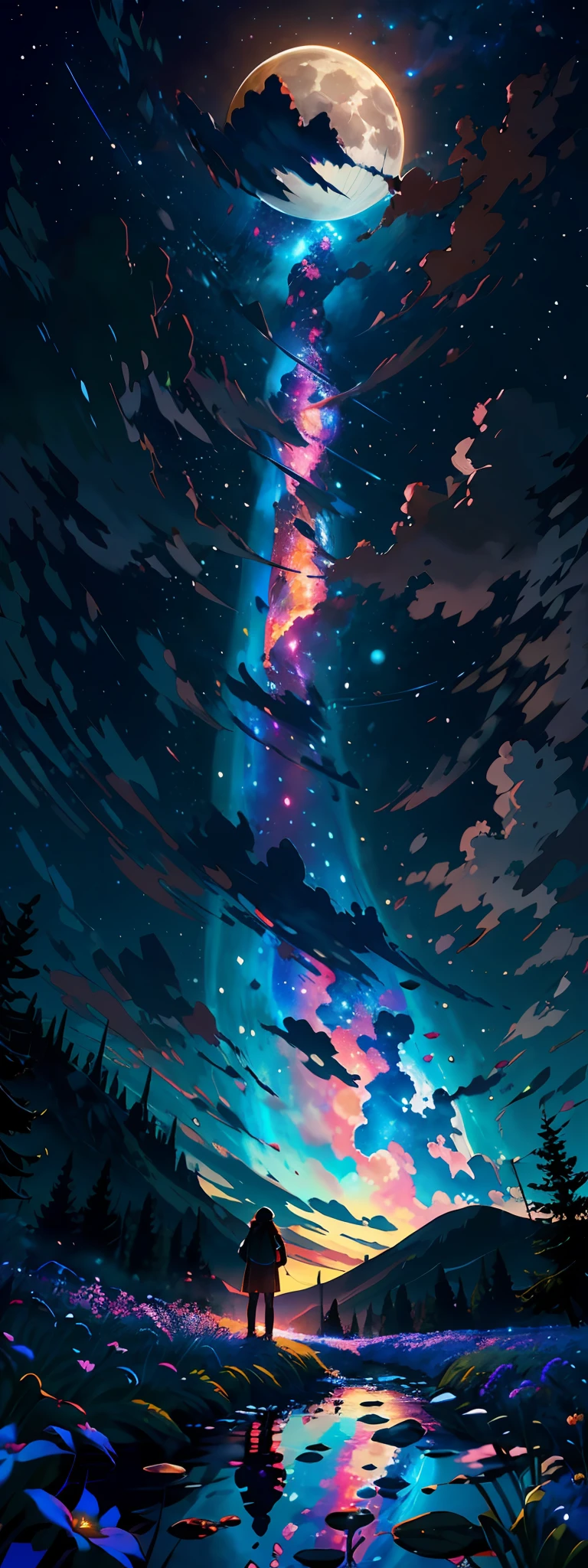 Expansive landscape photograph, (view from below with a view of the sky and the wilderness below), little girl standing in a flower field looking up, (full moon: 1.2), (shooting star: 0.9), (nebula: 1.3), distant mountain, tree break production art, (warm light source: 1.2), (firefly: 1.2), lamp, purple and orange, intricate detail, volume lighting BREAK (masterpiece: 1.2), (highest quality ), 4k, ultra-detailed, (dynamic configuration: 1.4), highly detailed and colorful details (iridescent: 1.2), (sparkling lighting, atmospheric lighting), dreamy, magical, (solo: 1.2)