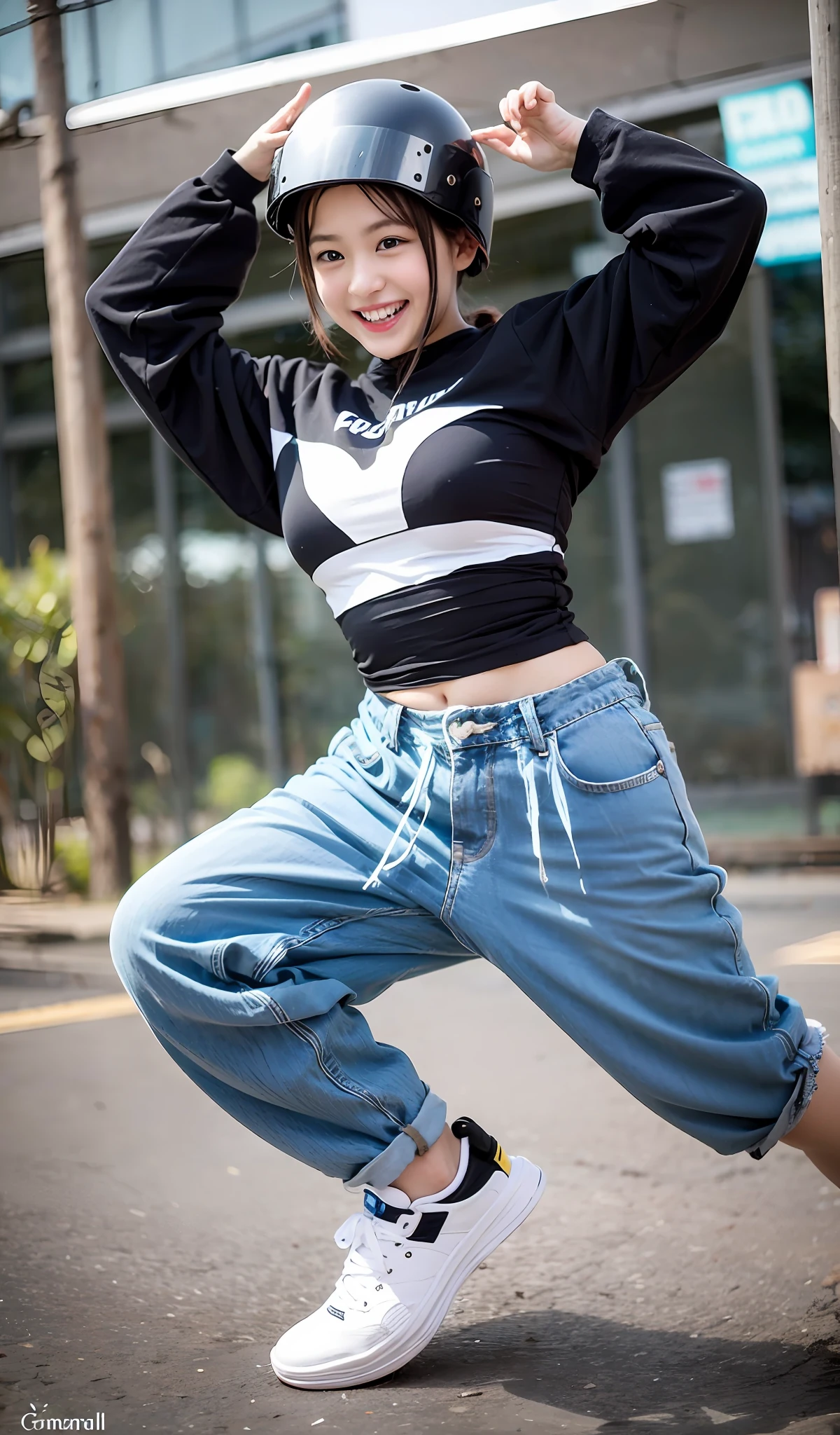女の子1人、独奏、Skateboarding、14years、Kojiri、smallunderboob、helmets、Loose pants、Medium Hair、Athletic physique、Fluid movement、Dance movements and grace、Expressing the joy of dancing、Blur the background