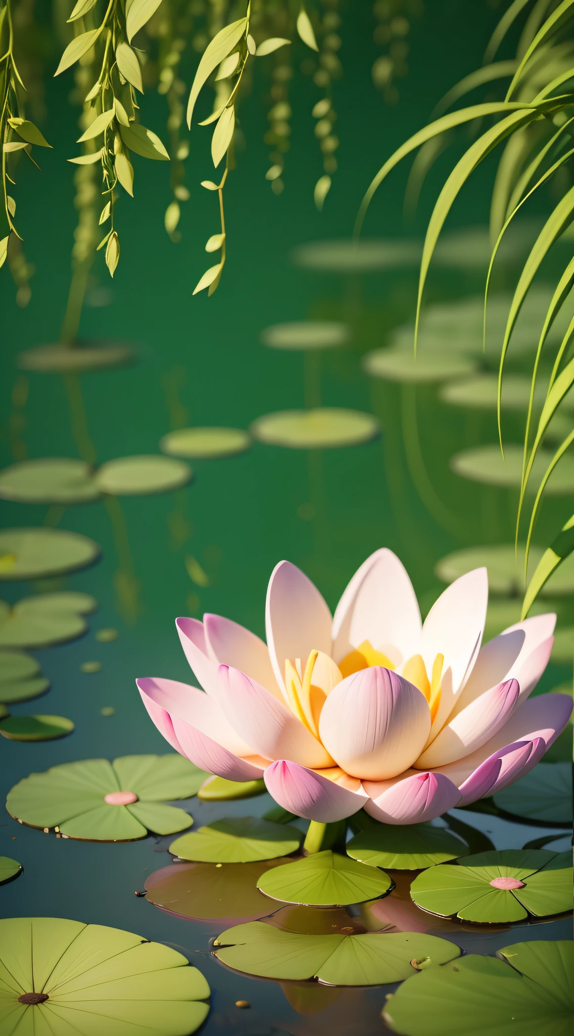 Cartoon illustration,The willow tree is placed in the upper middle position of the frame,The sunlight gently shines on the surface of the lotus pond,Highlight the willow tree,Have a macro perspective