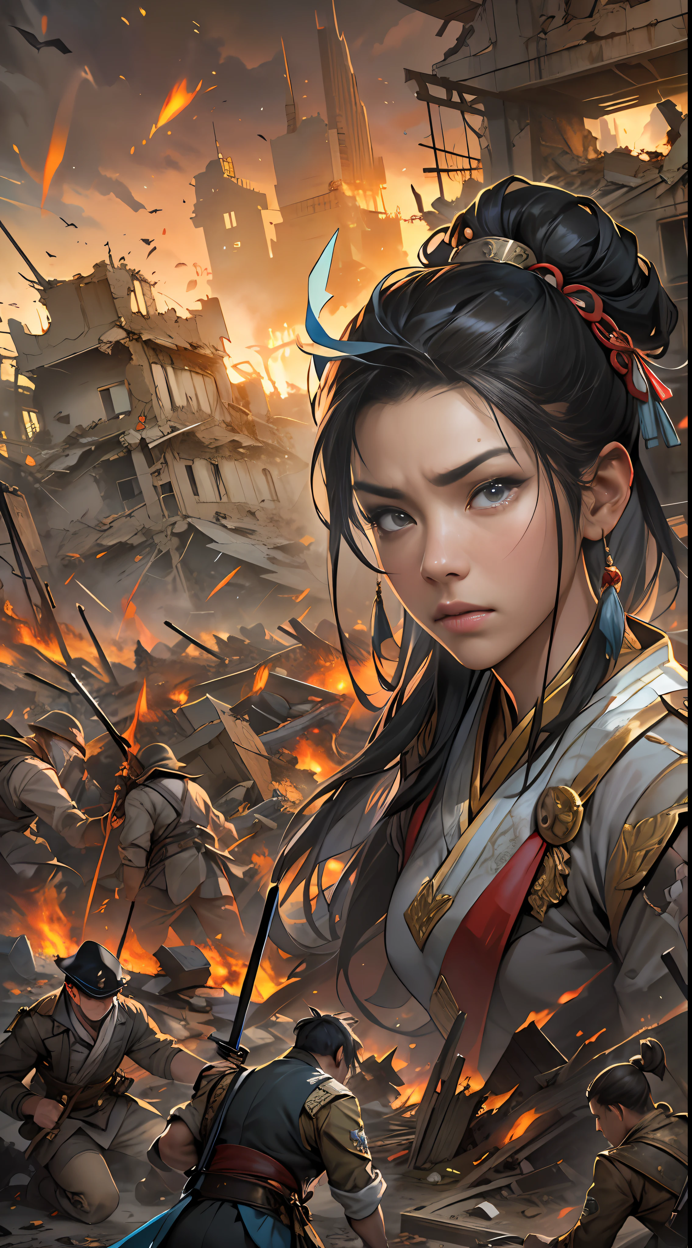Yuan Jie and others realize the unfavorable situation, proposing to end the battle and retreat in the face of powerful enemies, their expressions solemn, eyes revealing helplessness and disappointment, a war-torn battlefield with broken buildings and debris in the background, , 32k, best quality, masterpiece, super detail, high details