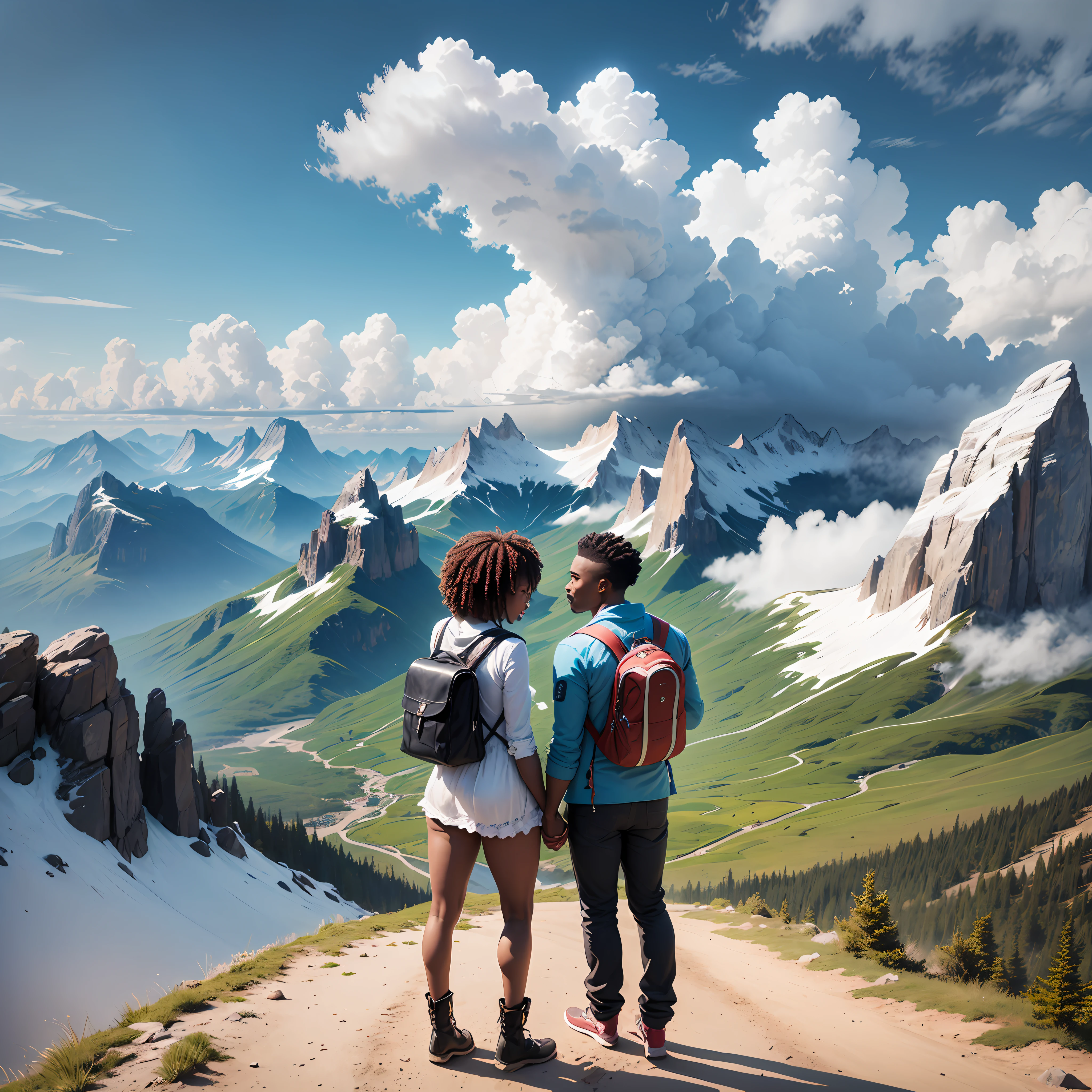 A couple of young black men and women who love each other hand in hand on a mountain with a beautiful sky and beautiful vegetation m --auto
