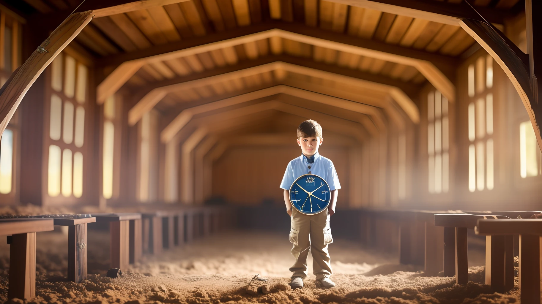 A boy holds an antique watch with one hand, while in a barn. [Floresta circundante densa, powder suspended in light beams].