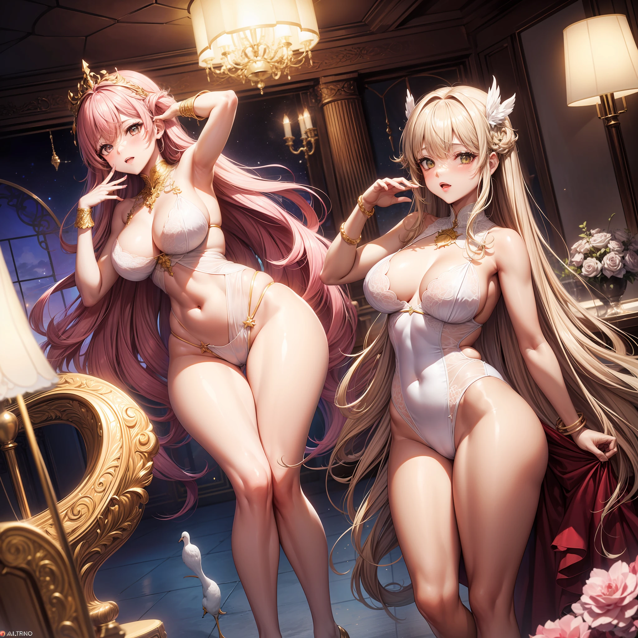 (Odaliscas em um harem), (quarto), (..lua),(noite),(sedutora),(carinhosa),(Corpo de bailarino)  ( coxas grossas)(pernas longas) (Artgerm) (Sakimichan) (grosso),(thicc)