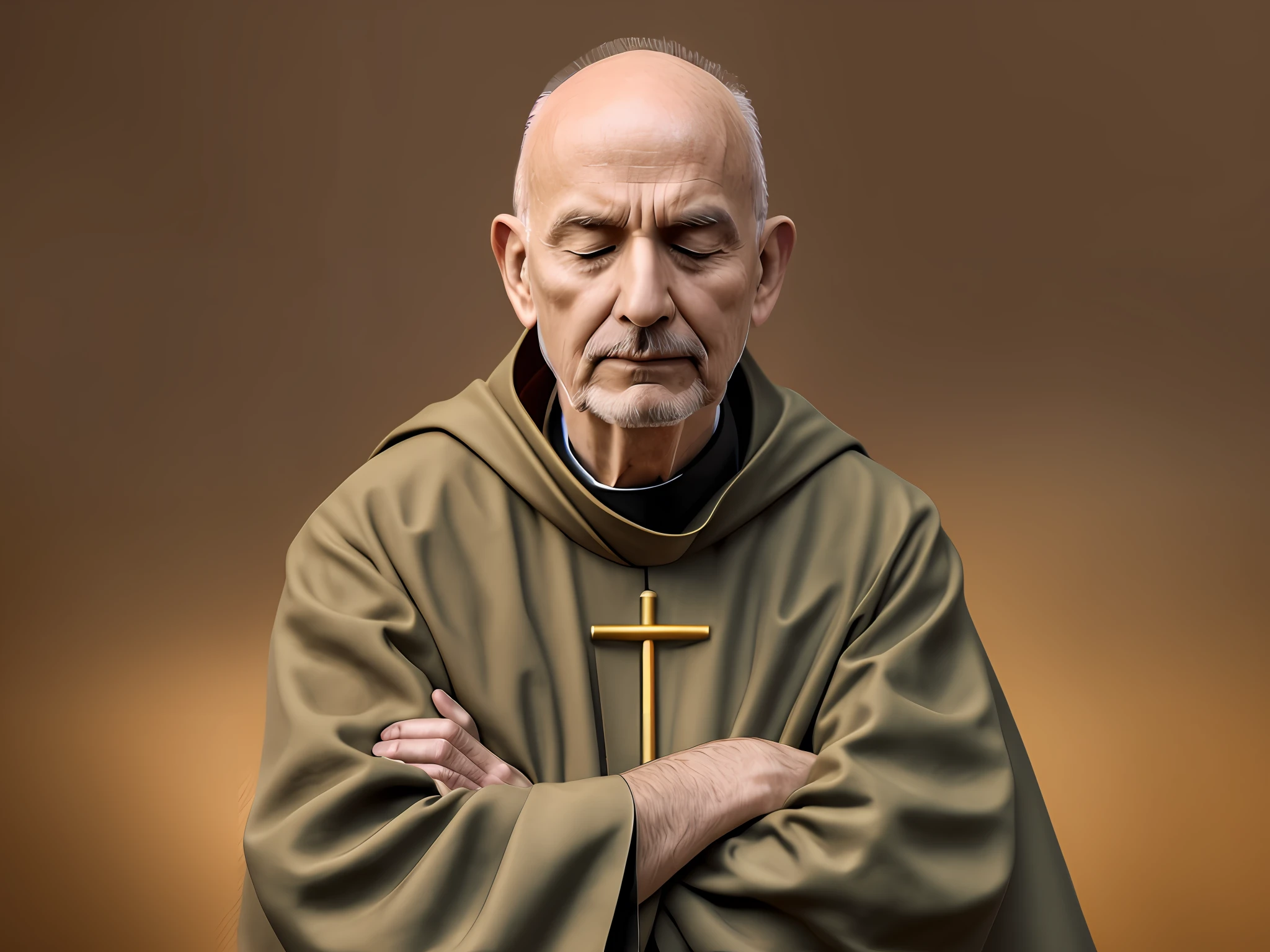 a Franciscan priest meditating with eyes closed, arms crossed, front view, realistic, photographic, 4k --auto --s2
