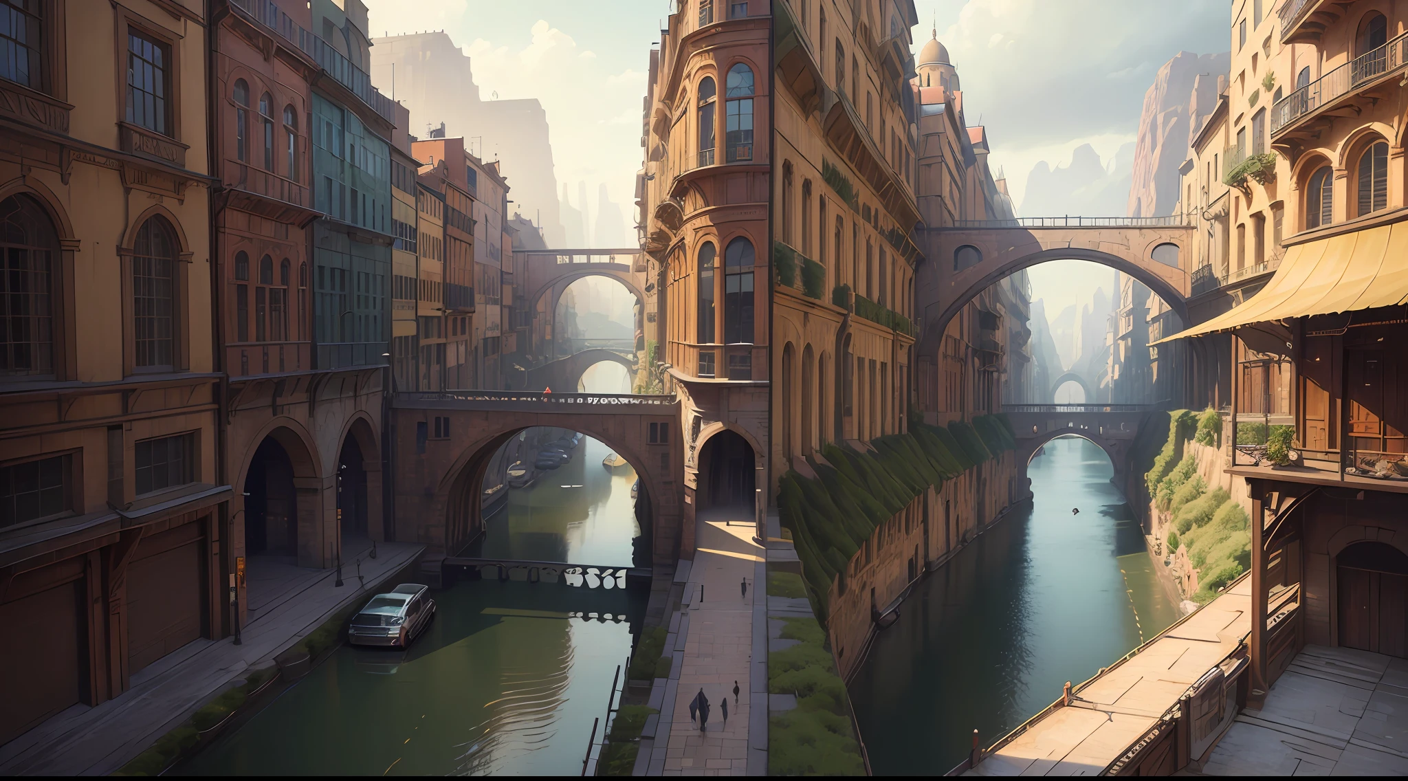 ((masterpiece)),((best quality)),((high detial)),((realistic,)) Industrial age city, deep canyons in the middle, architectural streets, bazaars, Bridges, rainy days, steampunk, European architecture --auto