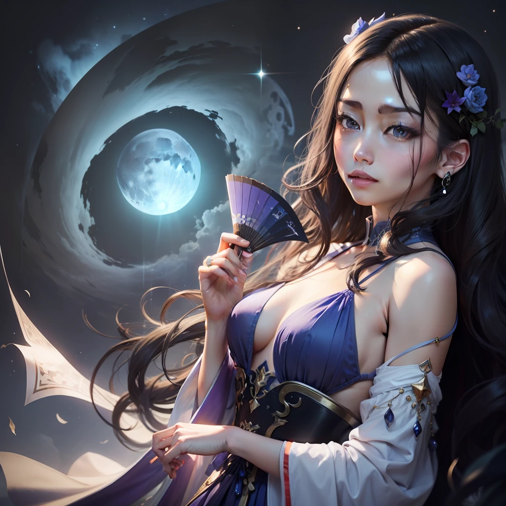Image size:iPhone 13 Pro 1 on screen:1 size(500px × 500px) Color used:Mysterious atmosphere with blue and purple as the main color Elements that I would like to see specially expressed:stele、a moon、nigh sky、ripple on water、Elegant fortune teller hiding his face with a fan、Glittering dresses、precise、Woman in her 40s with long black hair。