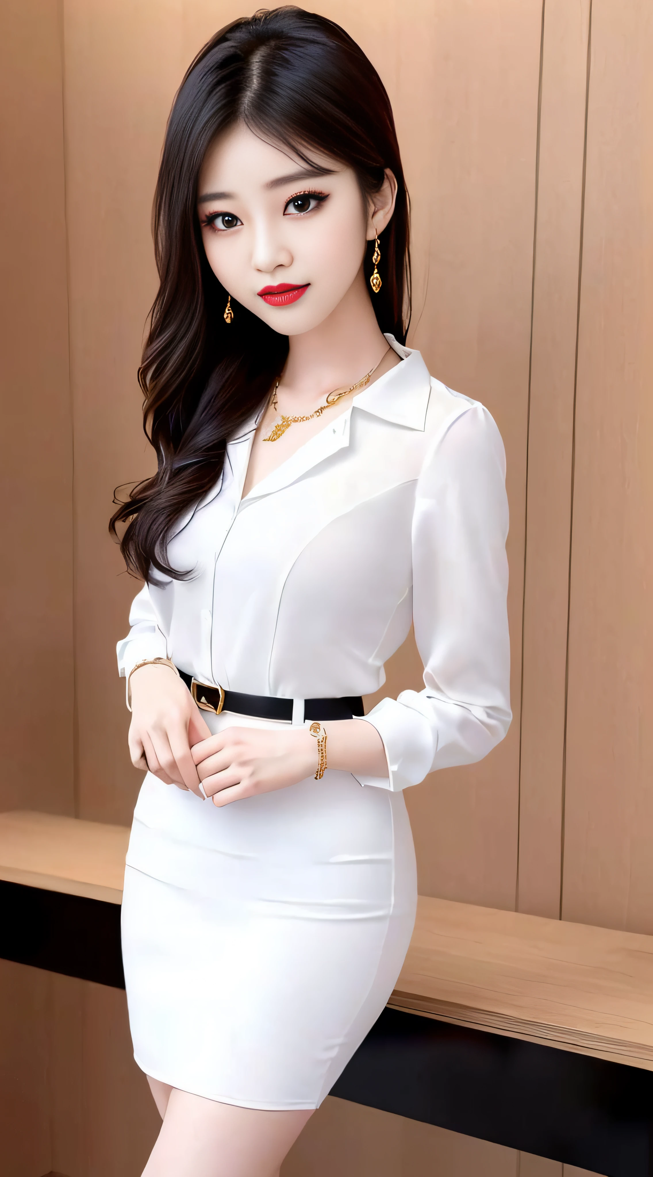 This is an unparalleled masterpiece，With the best quality and ultra-high 8K resolution。The photos are very realistic，The details are even more detailed，Dynamic angles and professional lighting are used、photon maping、Radiosity and physically based rendering techniques。The girl in the photo is beautiful，The smile is moving，Solo flowing。She is a Kpop idol，But in this photo，From the front, it shows an absurdity、Pure and beautiful temperament。Her appearance is very detailed、big breasts beautiful，Light makeup，The PureEros face was used_v1 technology，Apply red lipstick separately to lips，Tall and tall，the golden ratio，Wide shoulders and narrow waist，It has delicate and beautiful eyes and puffy eye bags，Thick and slender eyelashes，sparkles on the skin。This is a full-body photo，Girls wear professional suits，White compression V-neck shirt，pencil skirts，high-heels，Wearing earrings and necklaces，Stand outdoors and face the audience，The full-body shot highlights her beauty even more。The surreal atmosphere makes her even more mysterious and fascinating。The girl's face is very delicate，Has a slim face and a slender body，Smile at the audience，As if she were the most beautiful woman in the city。The details in the photos are very rich，face、The eye、Perfect fingers and backgrounds reveal exquisite texture and depth。This is a collectible 8K wallpaper，It's impossible to look away。