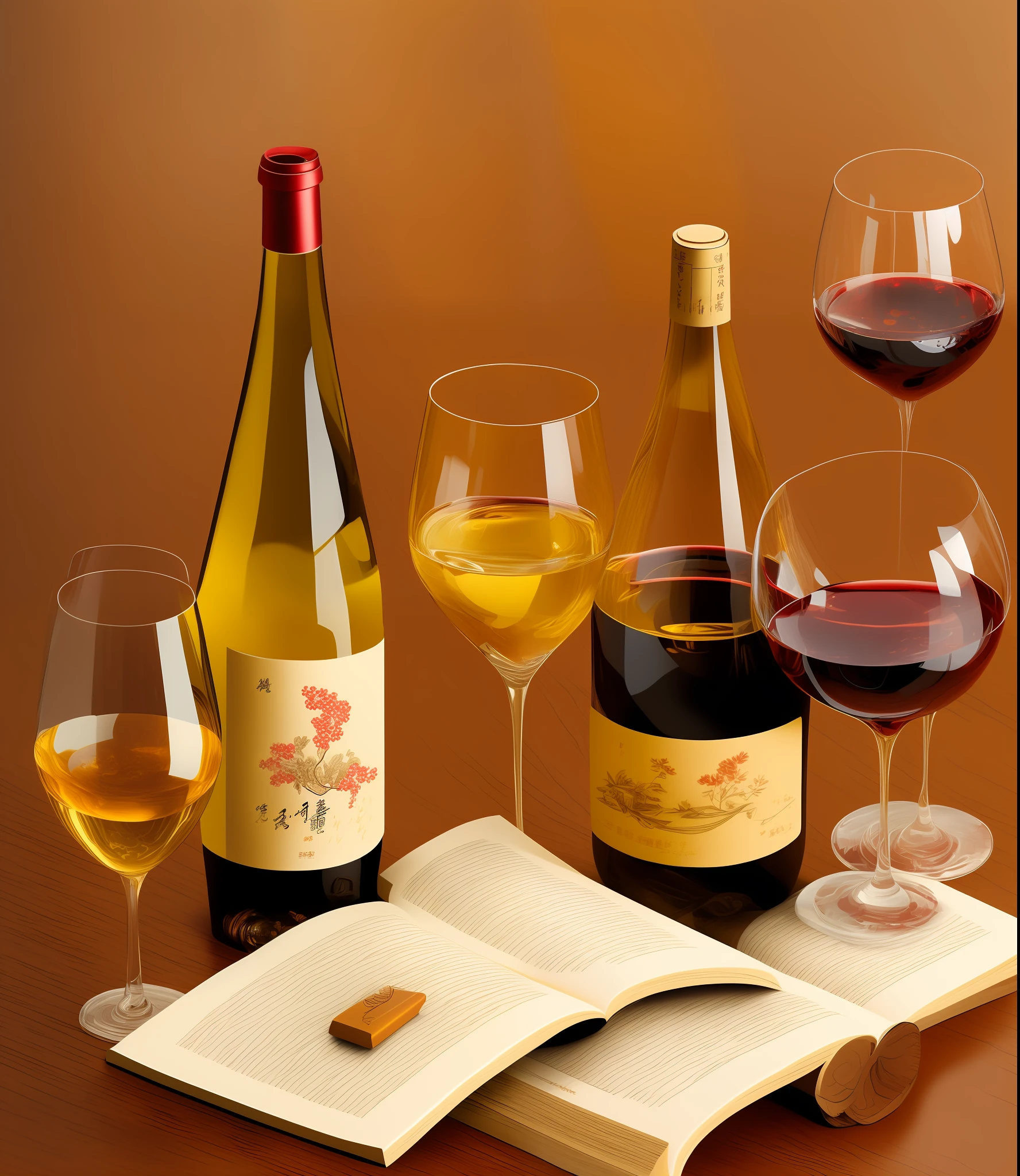 This AICG photographic image features wine，It aims to reflect the positive image and rich cultural connotation of wine。On screen，A bottle of fine red wine is carefully placed on an old wooden table。A clever grasp of light through it，The wine glows a warm amber color in the glass，Exudes a charming aroma。Delicate moisture rises from the glass，It's like a slowly ascending dance。Scattered on the wooden table are several classic wine culture books，The in-depth study and respect for wine culture is demonstrated。In the background，An old winemaking picture mural outlines a strong sense of history，Let the viewer feel the long history of wine culture。The whole picture is rendered through delicate drawing and realism，It presents the elegance and sophistication of the wine，And encourage people to explore and taste the infinite charm of wine culture。 --auto