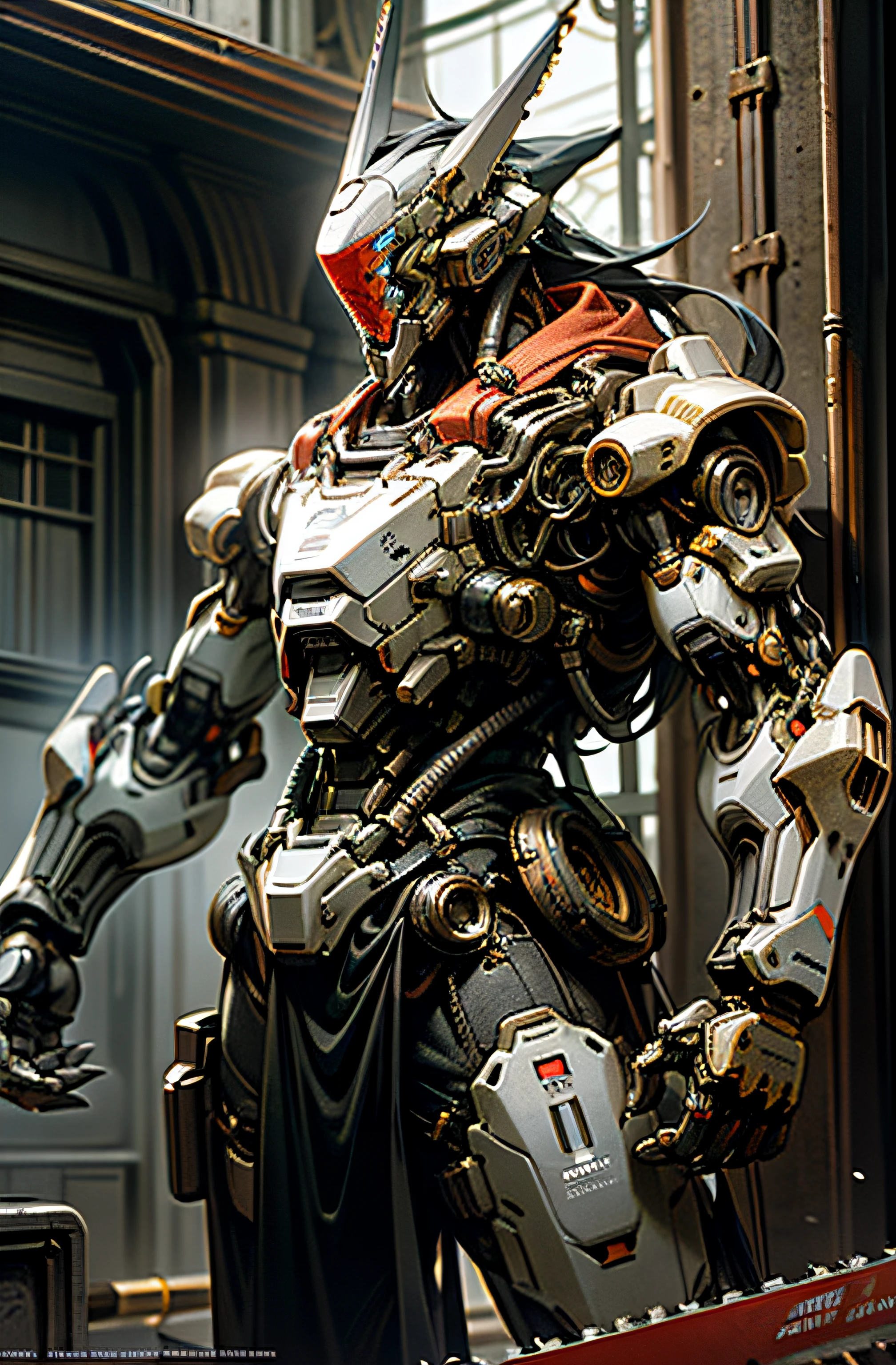 Dark_Fantasy,Cyberpunk,(chain saw,chain saw man,Red:1.1),1man,Mechanical marvel,Robotic presence,Cybernetic guardian,wearing a worn-out mech suit，iintricate，（Steel metal[rusted]），ellegance，Clear focus，Photo by Greg Rutkowski，gentlesoftlighting，vivd colour，tmasterpiece，（（the street）），cow boy shot，dynamicposes，locomotive