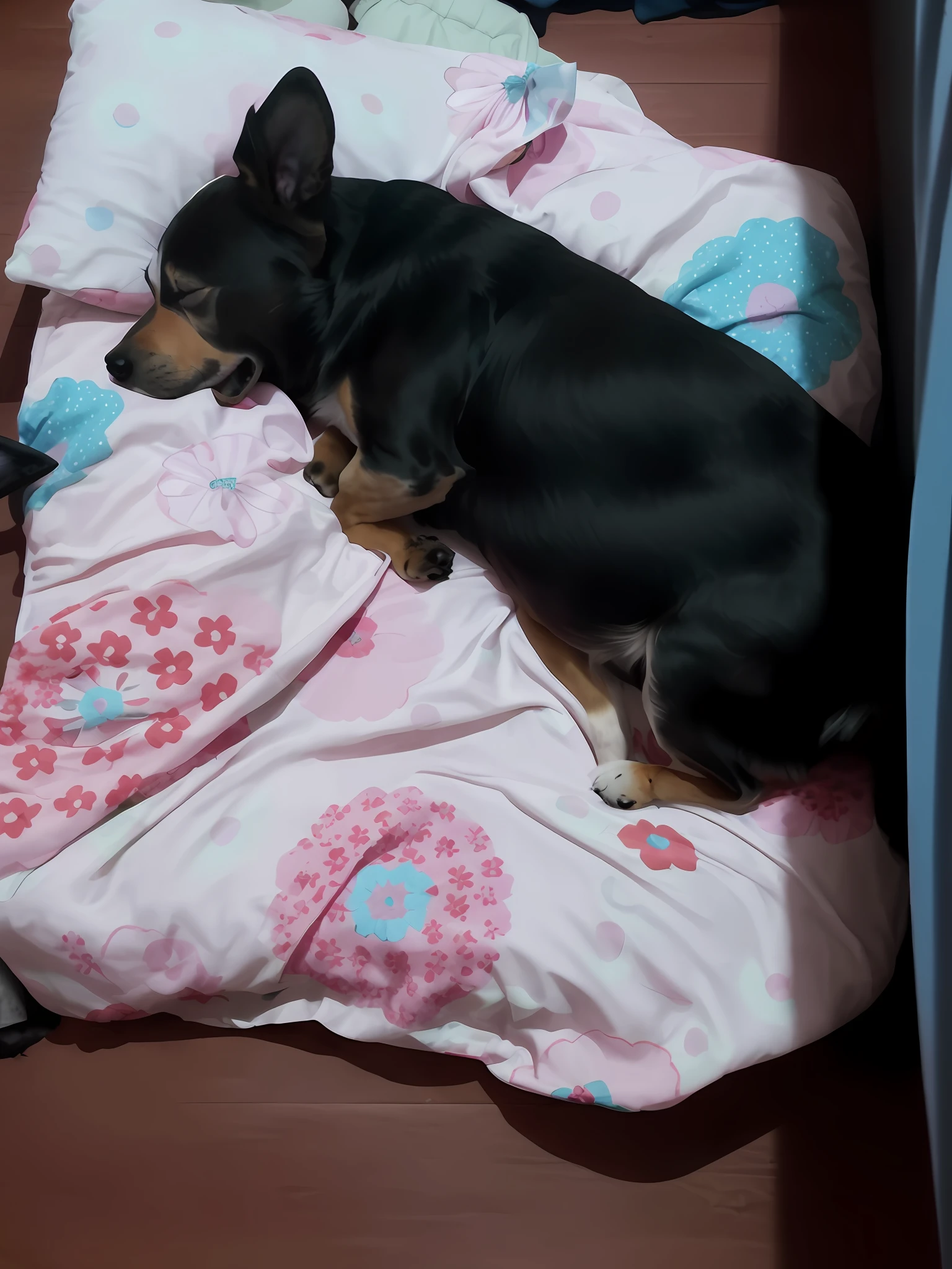 there is a small dog that is sleeping in a bed, she is laying on her back, resting on a tough day, Cachorro dormindo, there is full bedpan next to him, enrolado sob as cobertas, enquanto posa na mesma cama, deitada de costas em uma cama, sentada em sua cama, small bed not made, deitada de costas