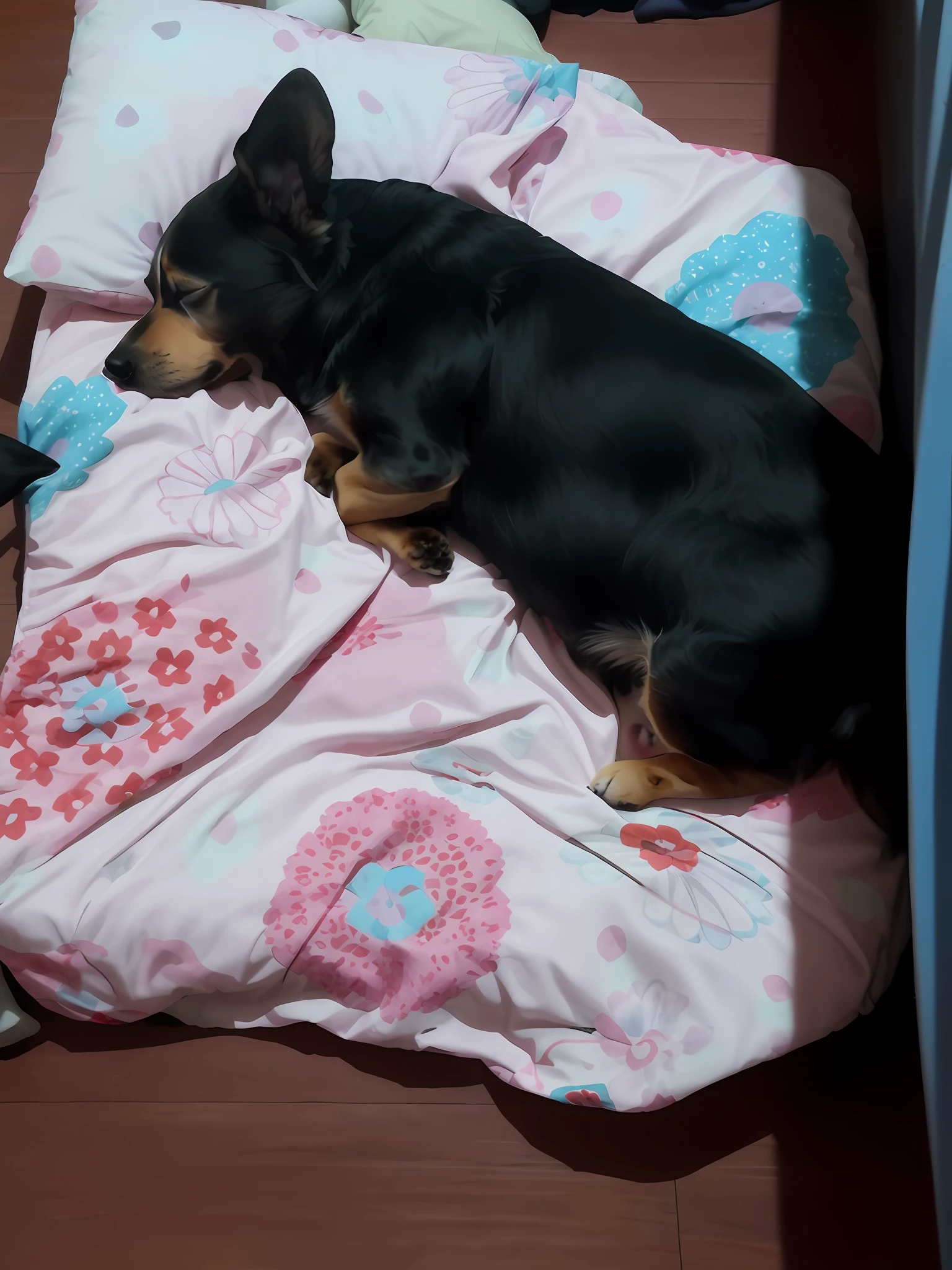 there is a small dog that is sleeping in a bed, she is laying on her back, resting on a tough day, Cachorro dormindo, there is full bedpan next to him, enrolado sob as cobertas, enquanto posa na mesma cama, deitada de costas em uma cama, sentada em sua cama, small bed not made, deitada de costas