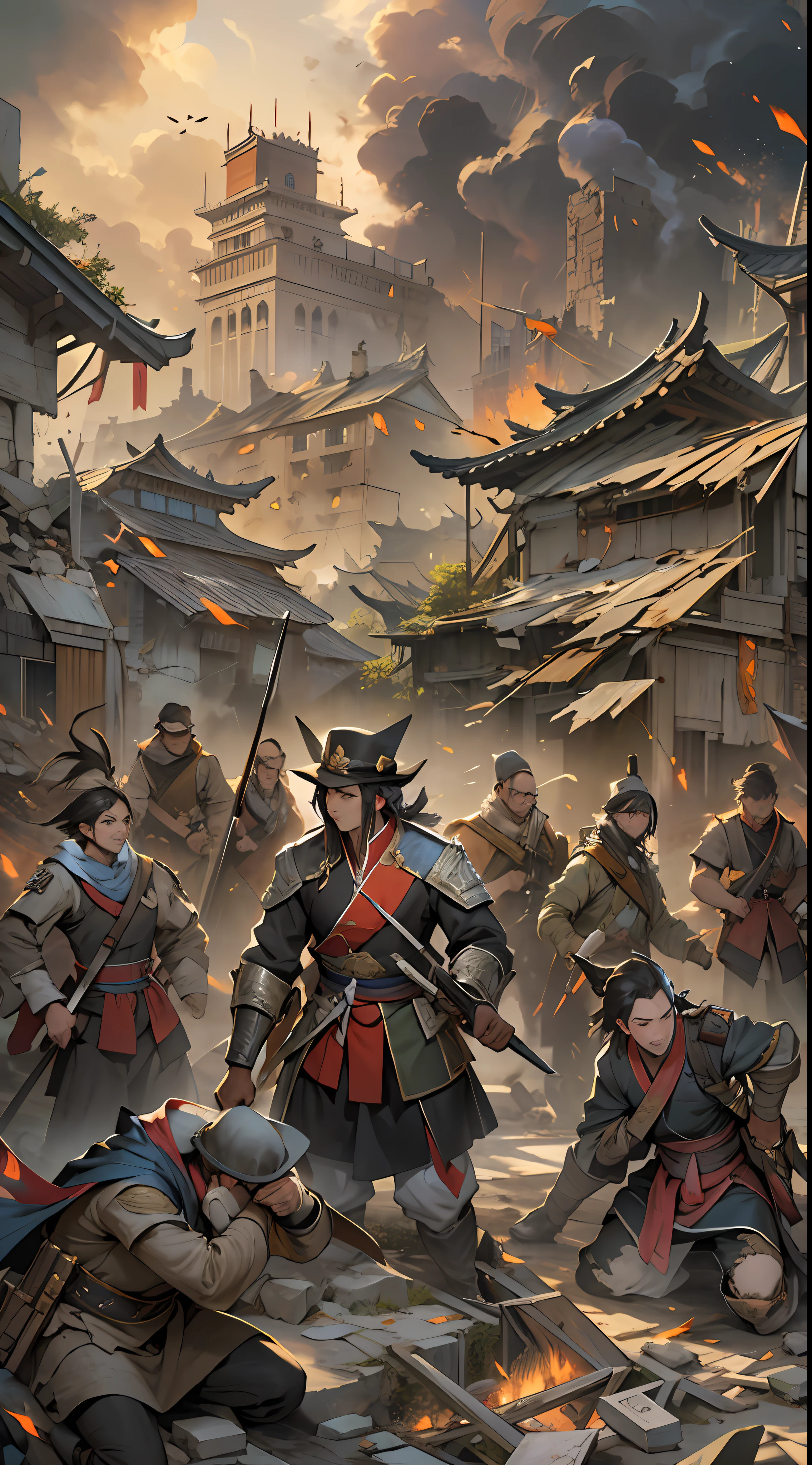 Yuan Jie and others realize the unfavorable situation, proposing to end the battle and retreat in the face of powerful enemies, their expressions solemn, eyes revealing helplessness and disappointment, a war-torn battlefield with broken buildings and debris in the background, , 32k, best quality, masterpiece, super detail, high details