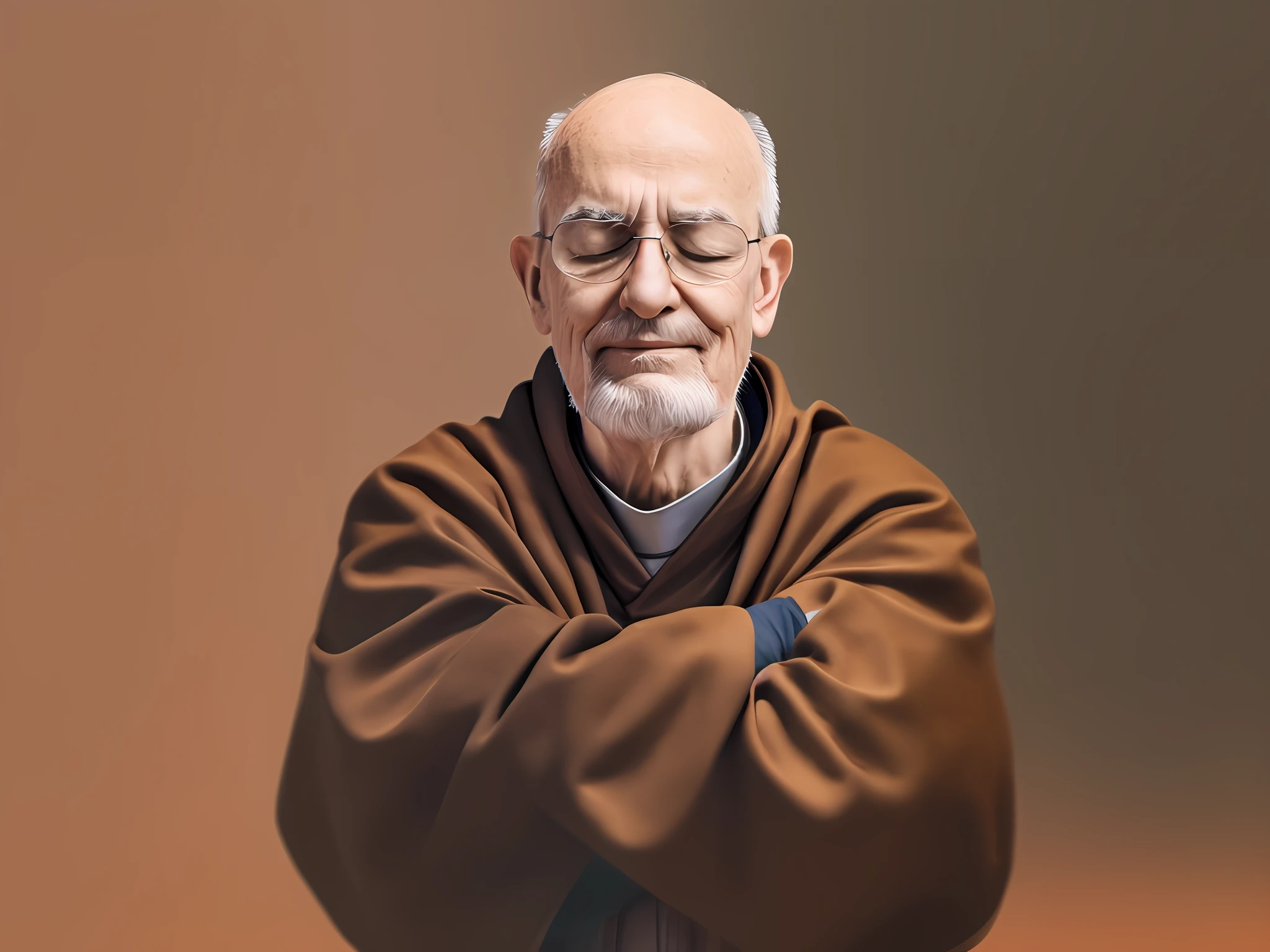 a Franciscan priest meditating with eyes closed, arms crossed, front view, realistic, photographic, 4k --auto --s2