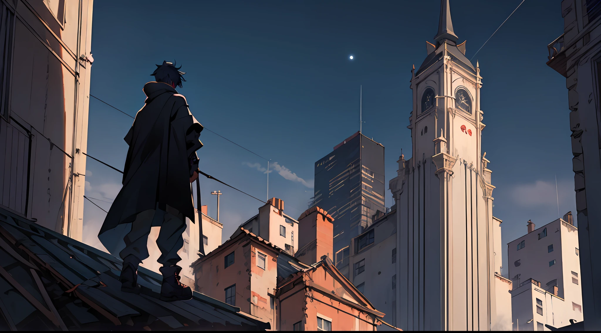 Dark boy on top of a tall building looking at the horizon, a noite, highes definition