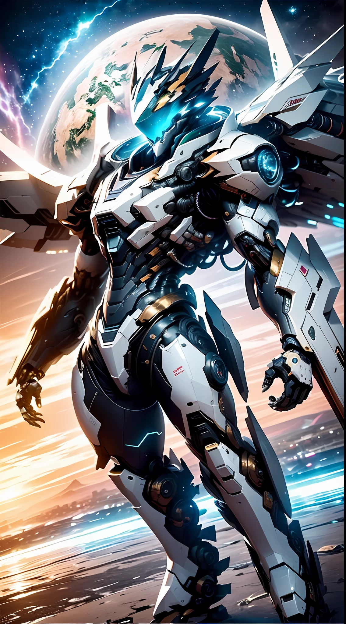 (masterpiece, best quality, mechanical, realistic, 8K wallpaper, ultra-high resolution), (giant robot: 1.3) facing the audience, sparkling eyes, whole body, (flight, dive, dynamic, motion blur: 1.4), (giant mechanical wings: 1.6), head up, sparkling, mechanical, panoramic, background is the earth, nebula, space, particles, reality, HDR (High dynamic range), perfect composition,