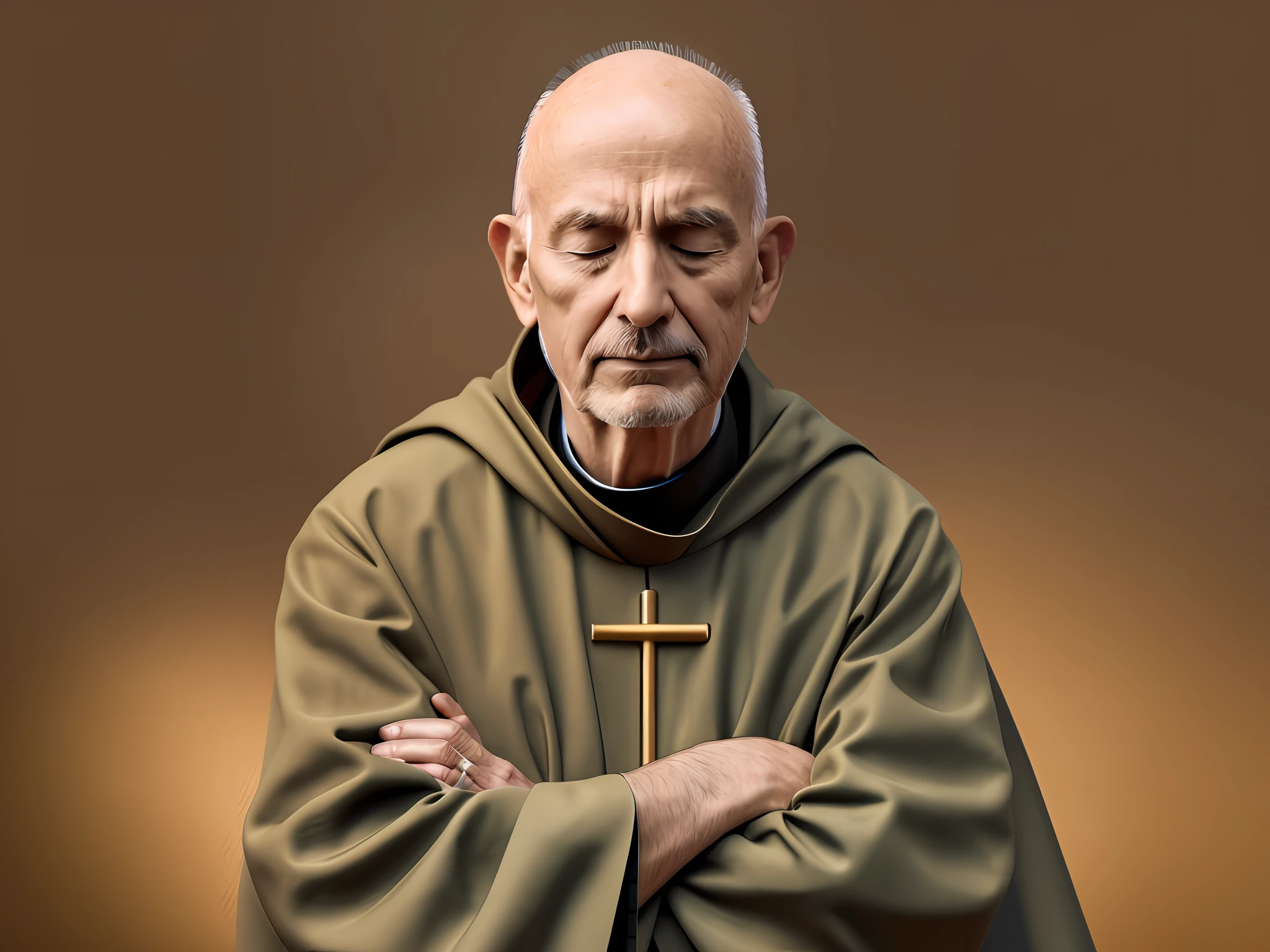 a Franciscan priest meditating with eyes closed, arms crossed, front view, realistic, photographic, 4k --auto --s2