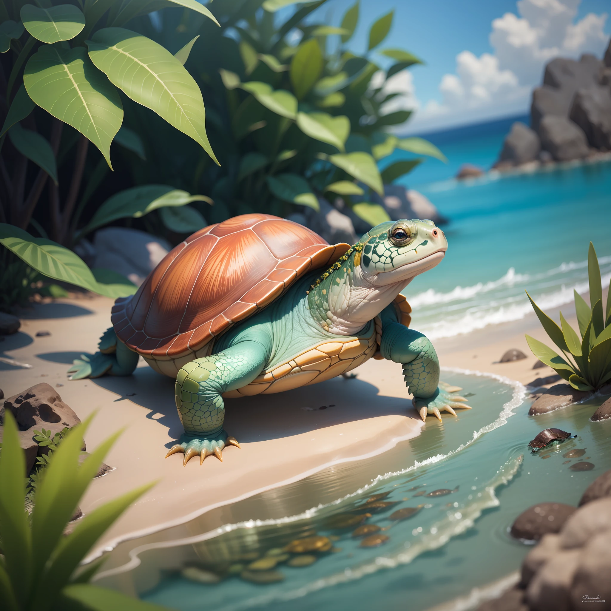 (extremely detailed and realistic CG), best quality, warm and sunny atmosphere, red-eared slider turtle basking in the sun, surrounded by beautiful ocean, crystal clear water, vivid and colorful sea creatures.