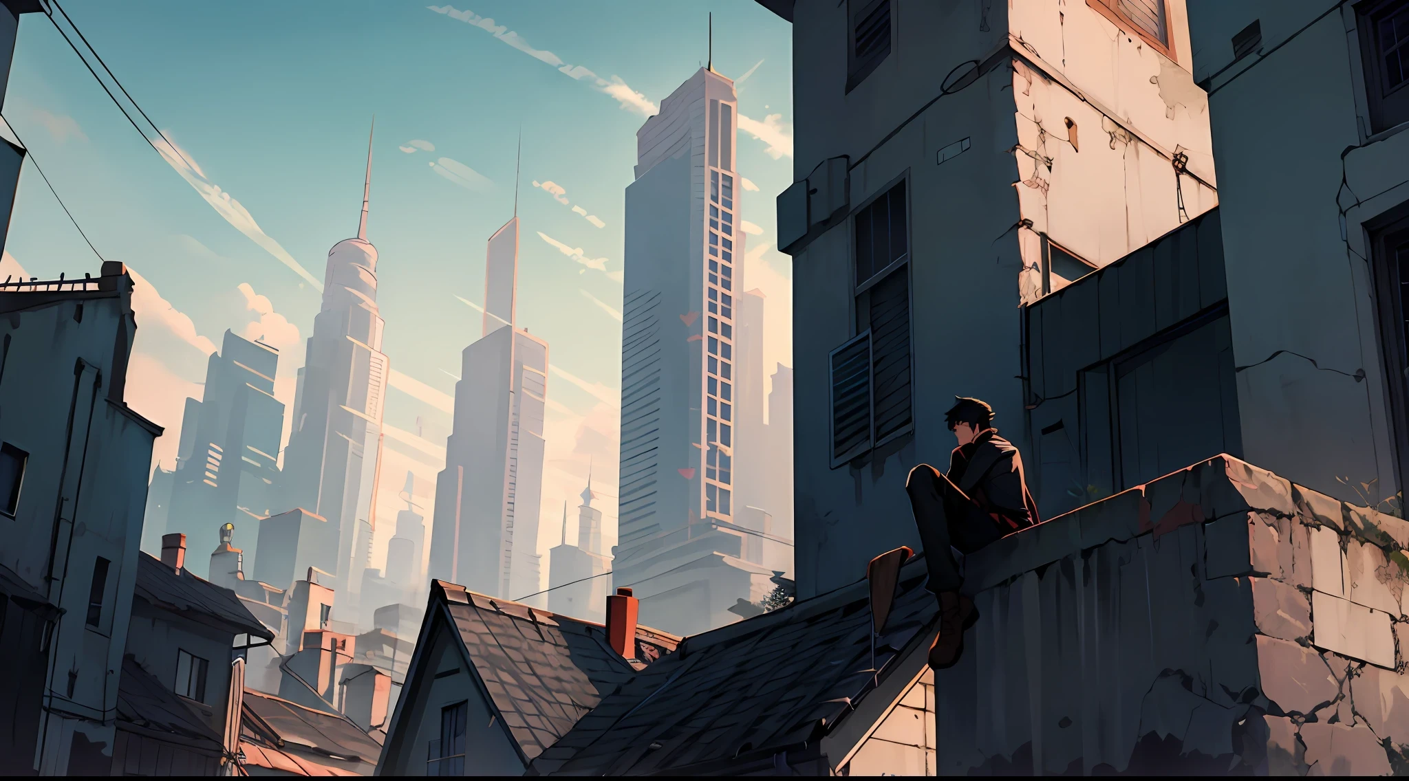 Dark boy on top of a tall building looking at the horizon, a noite, highes definition