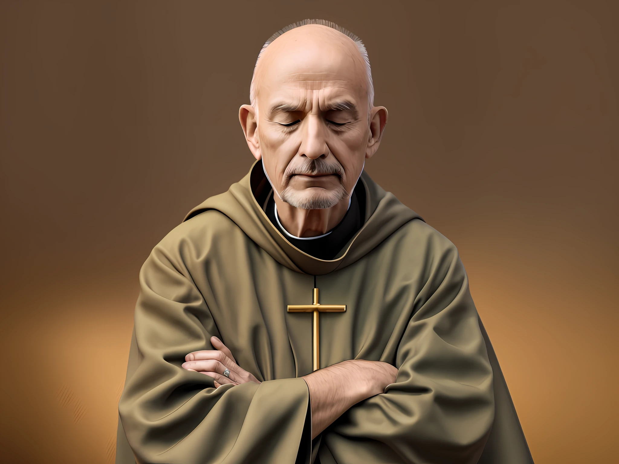 a Franciscan priest meditating with eyes closed, arms crossed, front view, realistic, photographic, 4k --auto --s2