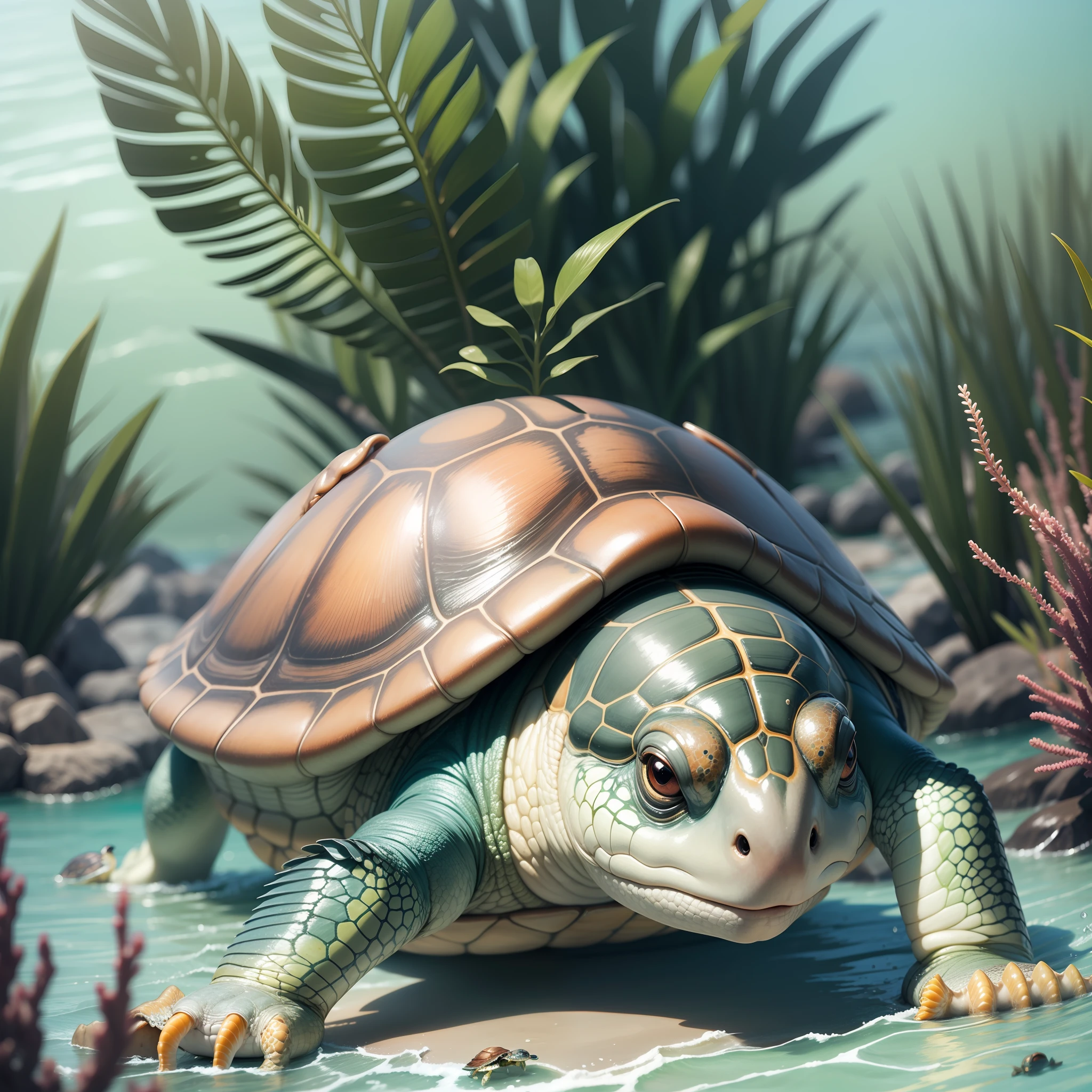 (extremely detailed and realistic CG), best quality, warm and sunny atmosphere, red-eared slider turtle basking in the sun, surrounded by beautiful ocean, crystal clear water, vivid and colorful sea creatures.
