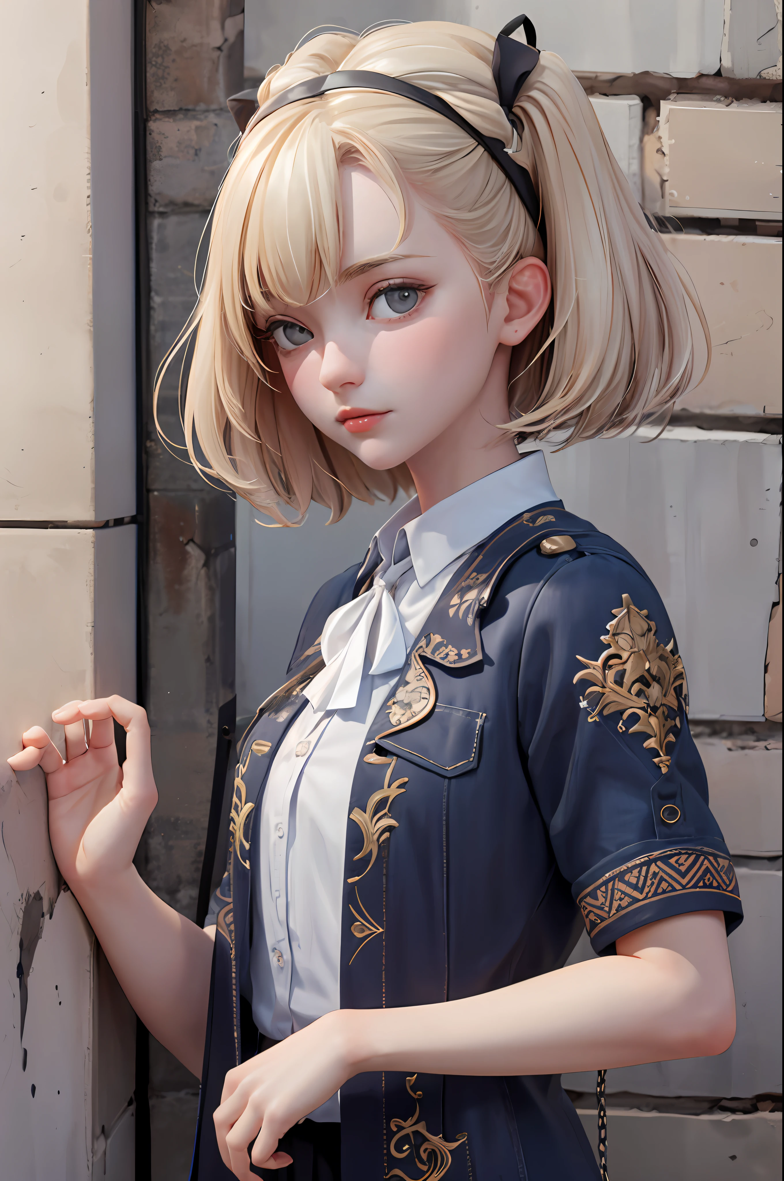 3d, 1girl, looking at viewert, street fashion, full bodyesbian, against a wall，short detailed hair, tmasterpiece, Best quality at best, 8k, detailed skin textures, Detailed cloth texture, Beautiful detailed face, intricately details, ultra - detailed