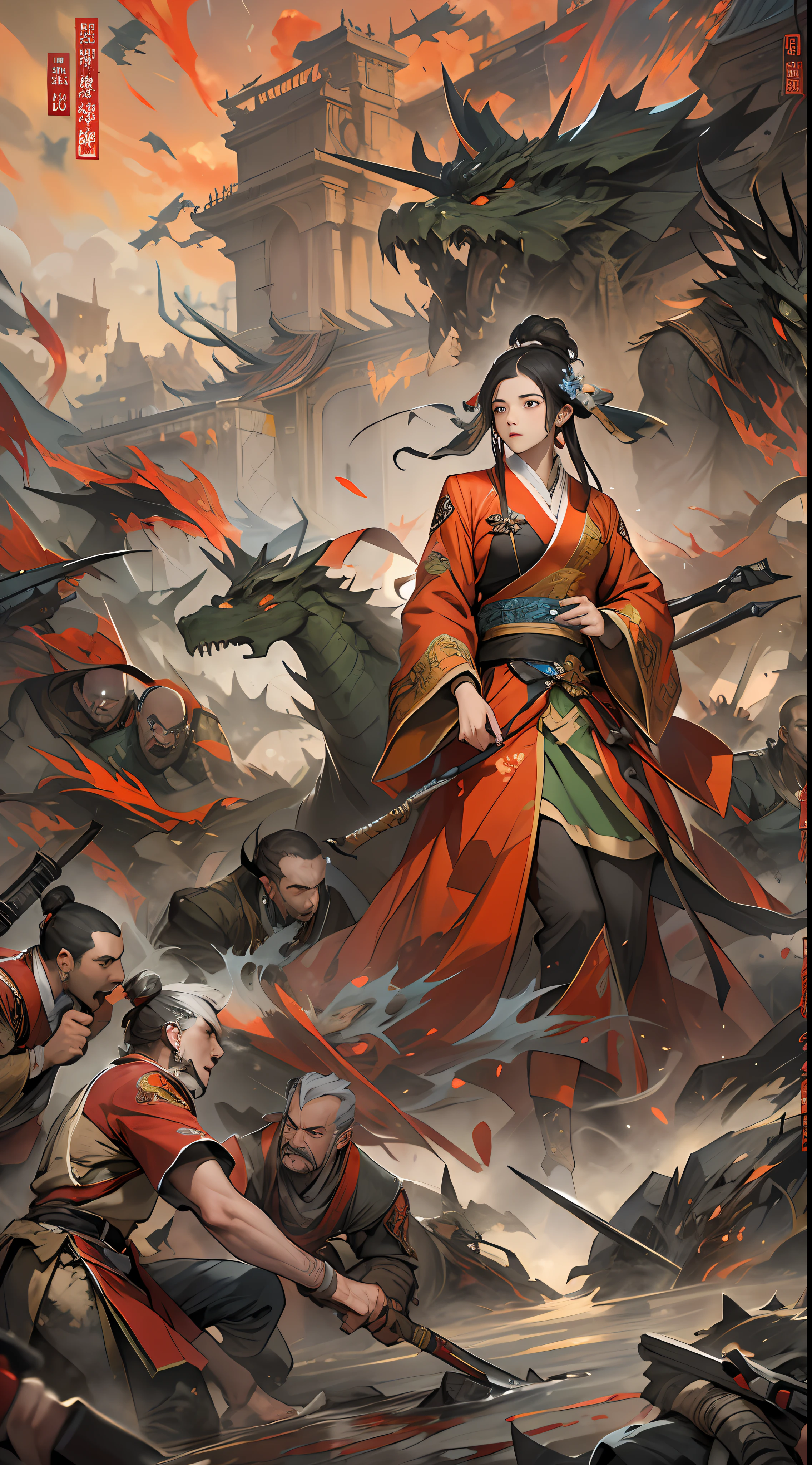 Qiong Xiong suggests giving up peace talks and retreating to claim the exclusive spirit spring, but Yuan Jie refuses this proposal. They argue fiercely on the battlefield, with serious expressions and determined eyes, a war-torn battlefield and flowing blood in the background, , 32k, best quality, masterpiece, super detail, high details,