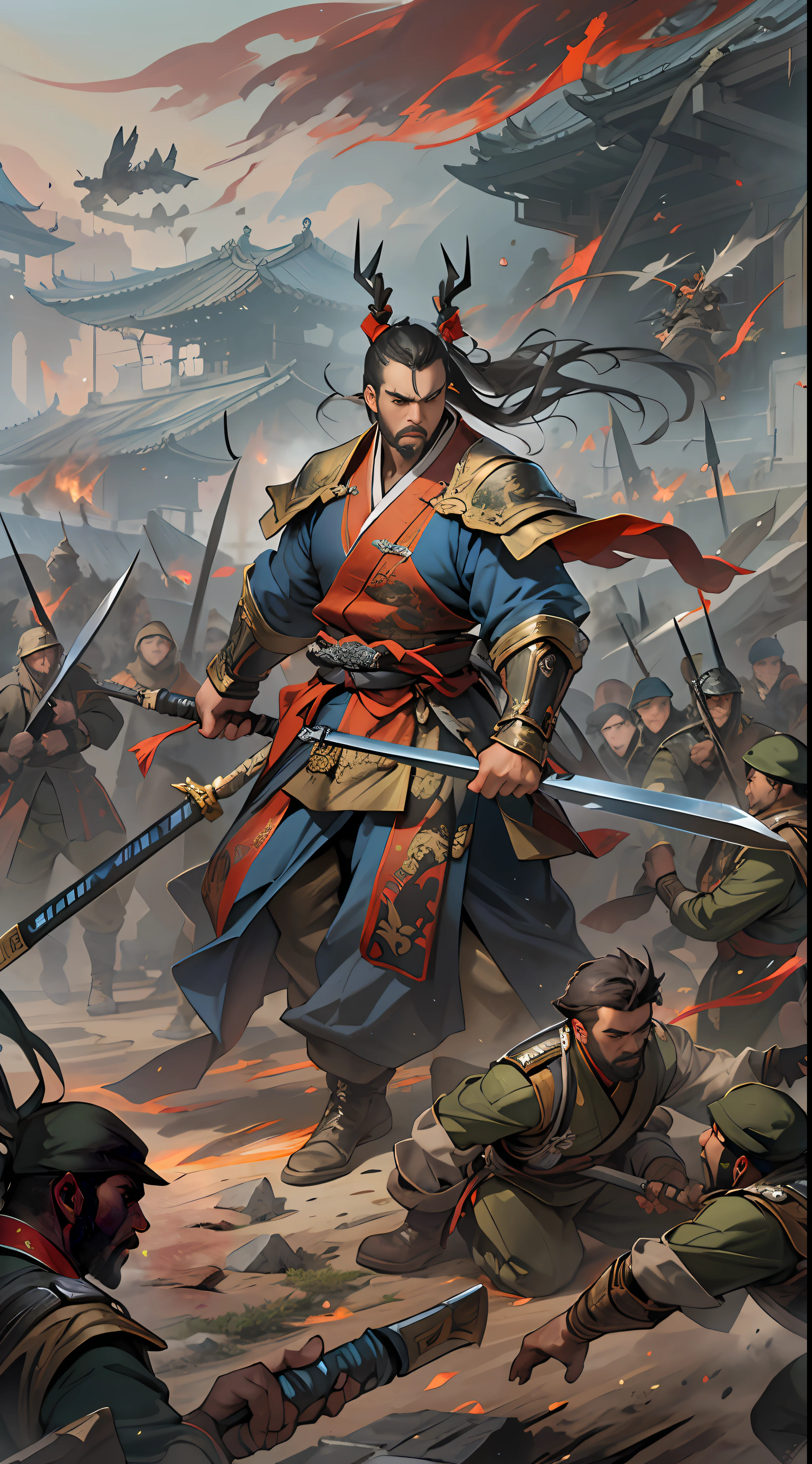 A fierce battle is about to break out between the two sides, with Li Gu standing on a high ground, wielding his weapon, soldiers of various ranks following closely behind, waiting for Li Gu's command, tense atmosphere on the battlefield, , 32k, best quality, masterpiece, super detail, high details,