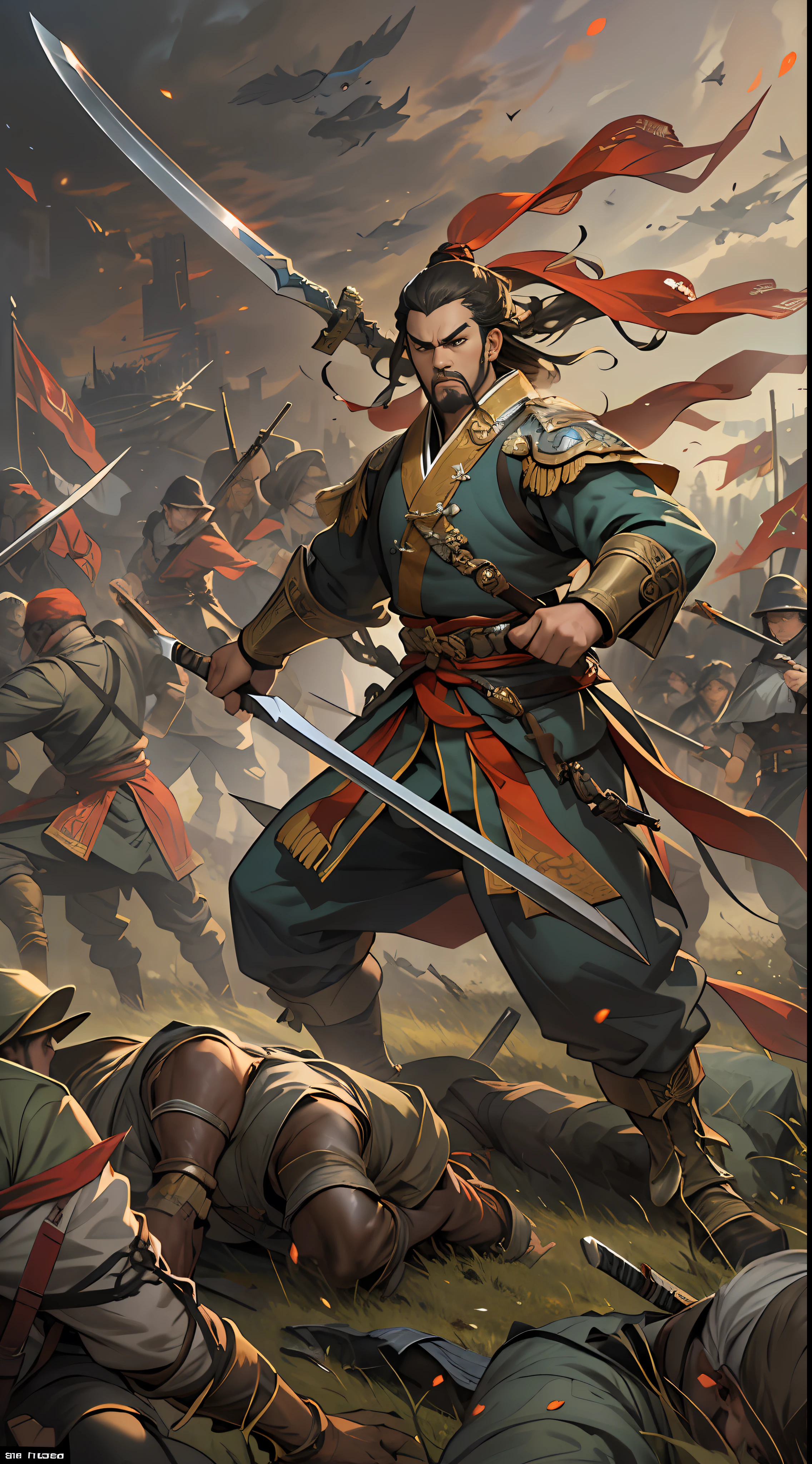 A fierce battle is about to break out between the two sides, with Li Gu standing on a high ground, wielding his weapon, soldiers of various ranks following closely behind, waiting for Li Gu's command, tense atmosphere on the battlefield, , 32k, best quality, masterpiece, super detail, high details,