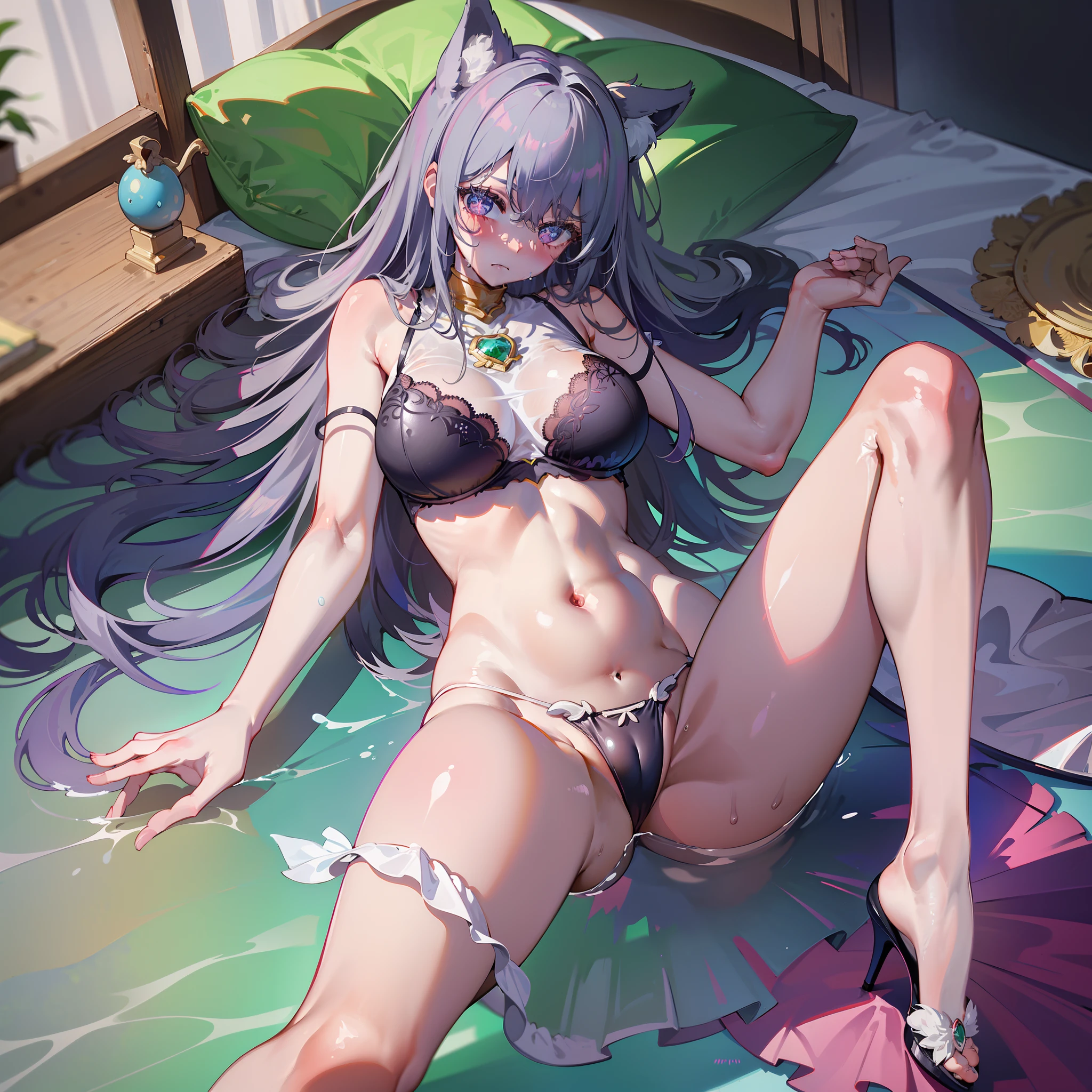 Master works, best image quality, high detail, ultra-high resolution, 8k resolution, panorama, ((((normal body parts for women)))), watery eyes, cat mouth, fox ears, long hair, gray hair, straight hair, collar, lace trim, see-through clothing, duck sitting, staring, bed, blushing, wearing high heels, shyness, lying on your back, lying, single, nurse, drooling, headbands, (bare shoulders)). ((bare belly)), (((drenched))), openwork lace transparent JK only covers three points, (((exposes normal high heels on the feet)), (((bare navel)), (slender legs))), fox ears, ((obvious agar jade liquid all over the body))), (C breasts), ((protruding bra does not support the chest)), (belly slightly bulging), (((no socks))), long legs, high heels