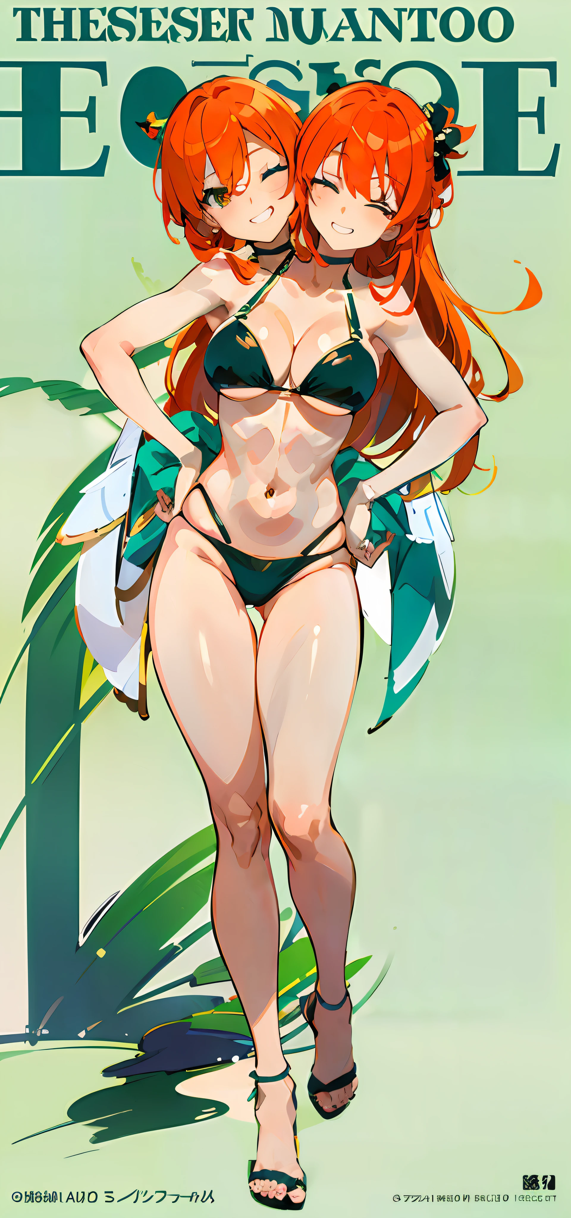 (masterpiece, best quality), best resolution, (2heads:1.5), magazine cover, anime girl with two heads, orange hair, winking, aquamarine eyes, one eye open, one eye closed, right hand behind head, left hand on hip, wearing a bikini, left leg bent, standing pose, natural pose