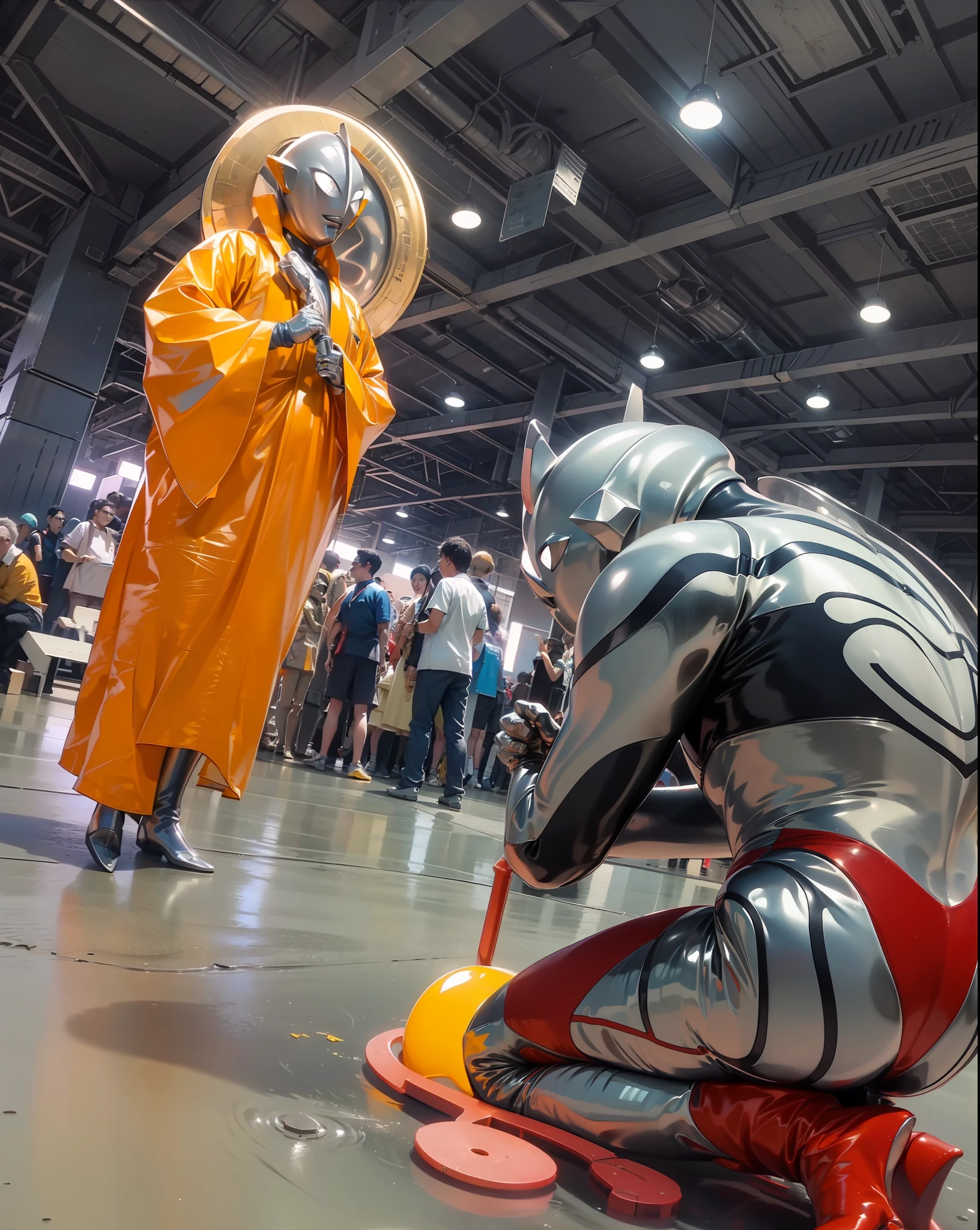 (Masterpiece, Superb Quality, Super Delicate, High Resolution), Male Focus, (((New Ultraman))), ((No Muscles))), (His head is tapered, his body is made of silver, his arms are streamlined, he looks tall and thin, the overall shape is streamlined and modern), (fisting), posing for photos, high angle, dark night, city ruins, background details, (((whole body))), from above, (((sense of greatness)))