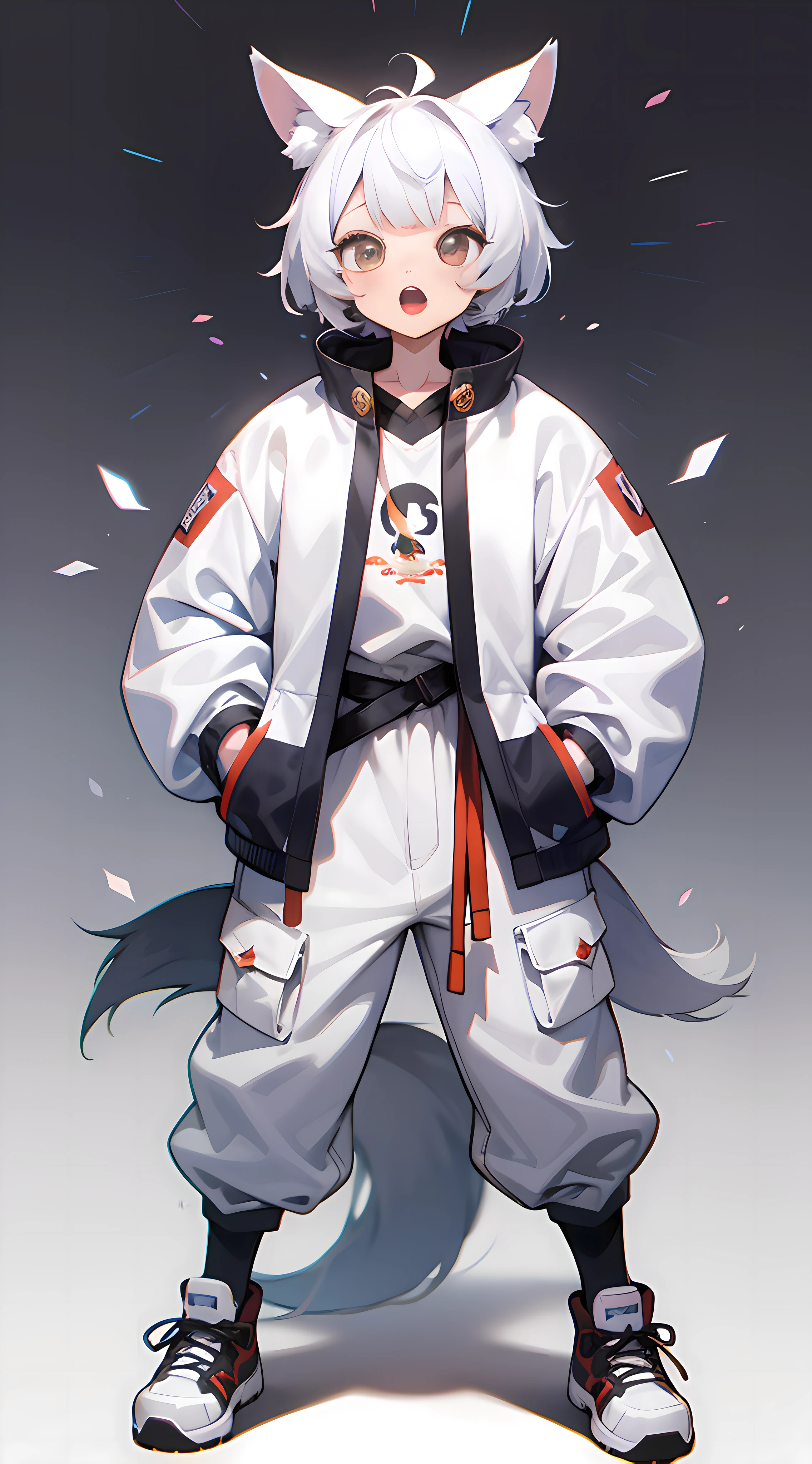 full body Esbian From head to shoes Shota Raise bangs No bangs The right outfit Dobodobo Pants Oversized high-cut sneakers Beastman White ears Hybrid of wolf and man kawaii Deformed White background Stand up straight Highest image quality 8K hight resolution super precision Opening Mouth Beautiful eyelashes Put your hands in your pockets Straight in front