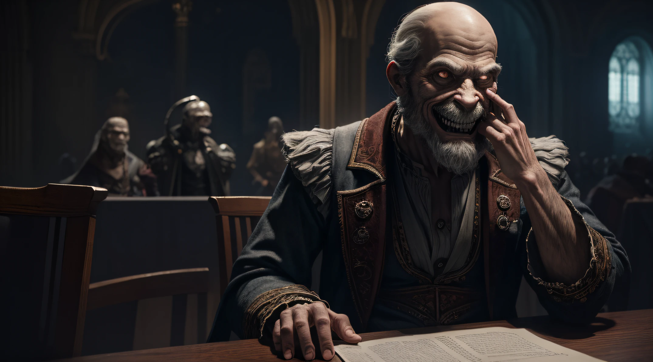 photorealistic, highest quality, RAW photo, (medium shot) photography of an (humanoid demon:1.4) sitting in front of a table with an (mocking smile:1.4), (resting one hand on his cheek:1.4), wearing extravagant clothes, aquiline nose, bushy eyebrows, reddish eyes, greyish skin, sharp teeth, macabre, disturbing, photorealistic skin texture|spots|wrinkles, detailed clothes, clothes texture|wrinkles, abundant details, intricate details, subsurface scattering, volumetric shadows, sharp focus, 8k, highly detailed, UHD, HDR, (extremely high facial expressiveness:1.3), 5 fingers, accurate hands anatomy