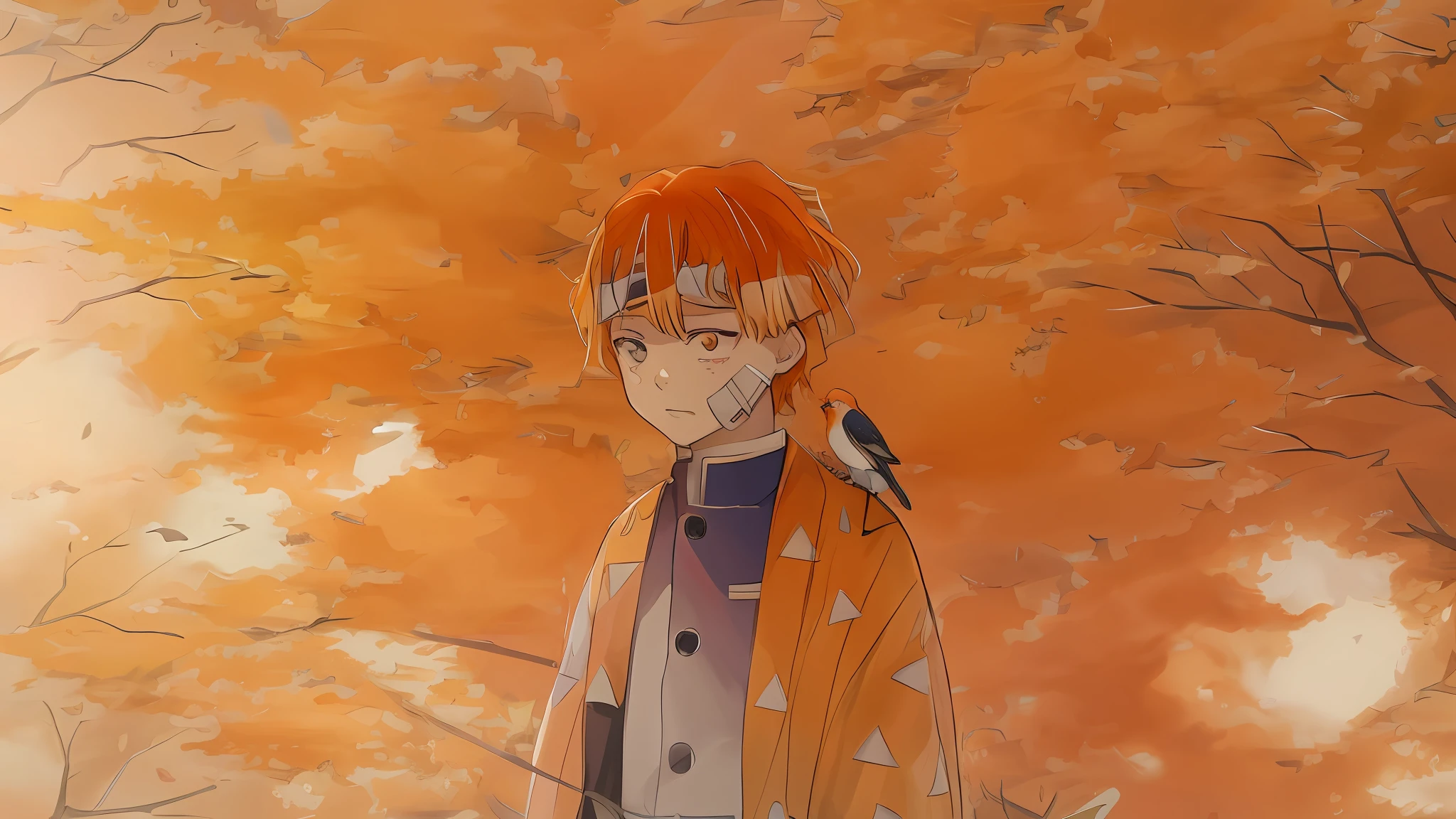 anime character with orange hair and a bird perched on his shoulder, orange - haired anime boy, demon slayer rui fanart, anime style mixed with fujifilm, in anime style, demon slayer artstyle, anime style illustration, in an anime style, 4 k manga wallpaper, anime style portrait, anime style character, inspired by Itō Ogura Yonesuke