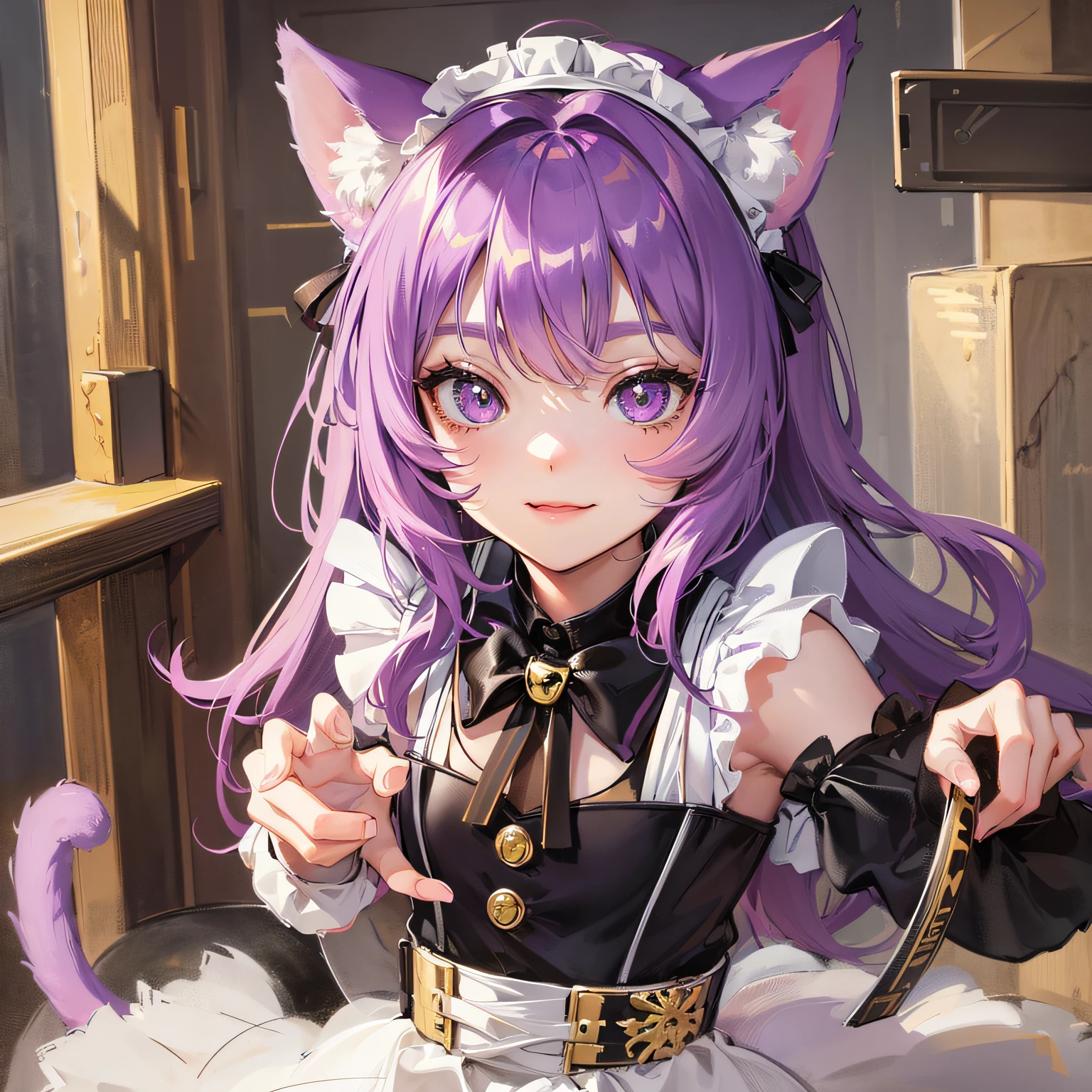 Keqing, purple hair, braided ponytail, twintails, cat ears, open mouth, shy, blush, anime, anime style, masterpiece, masterpiece, masterpiece, HD --auto